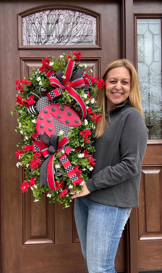 Ladybug Wreath, Red Black Spring Wreath, Summer Front Door Decor, Ladybug Door Hanger, Farmhouse Porch Wreath