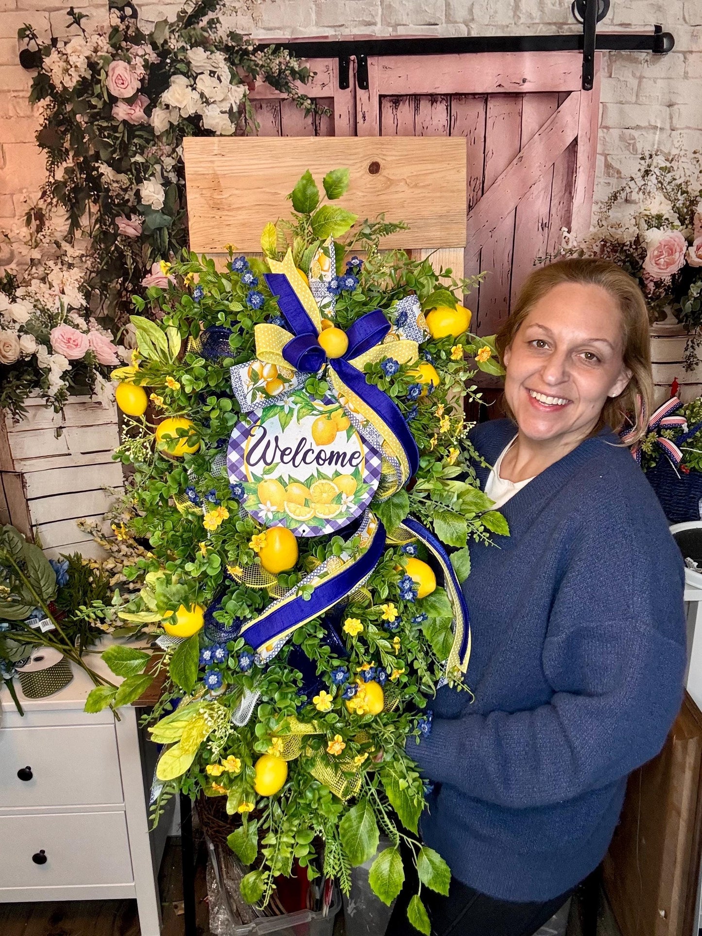 Spring Lemon Wreath for Front Door, Summer Citrus Wreath, Yellow Blue Floral Wreath, Welcome Door Hanger, Farmhouse Spring Decor