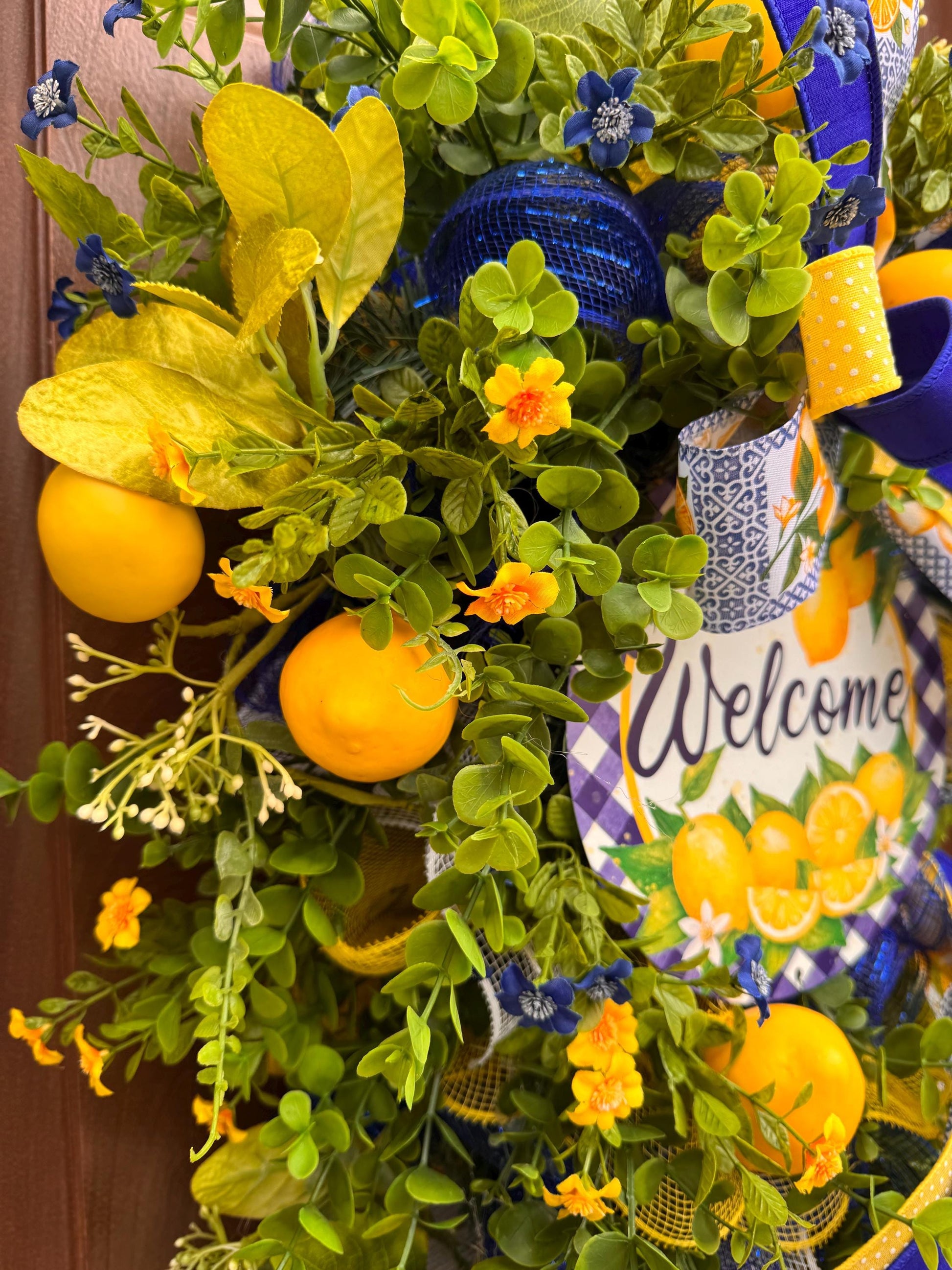 Spring Lemon Wreath for Front Door, Summer Citrus Wreath, Yellow Blue Floral Wreath, Welcome Door Hanger, Farmhouse Spring Decor