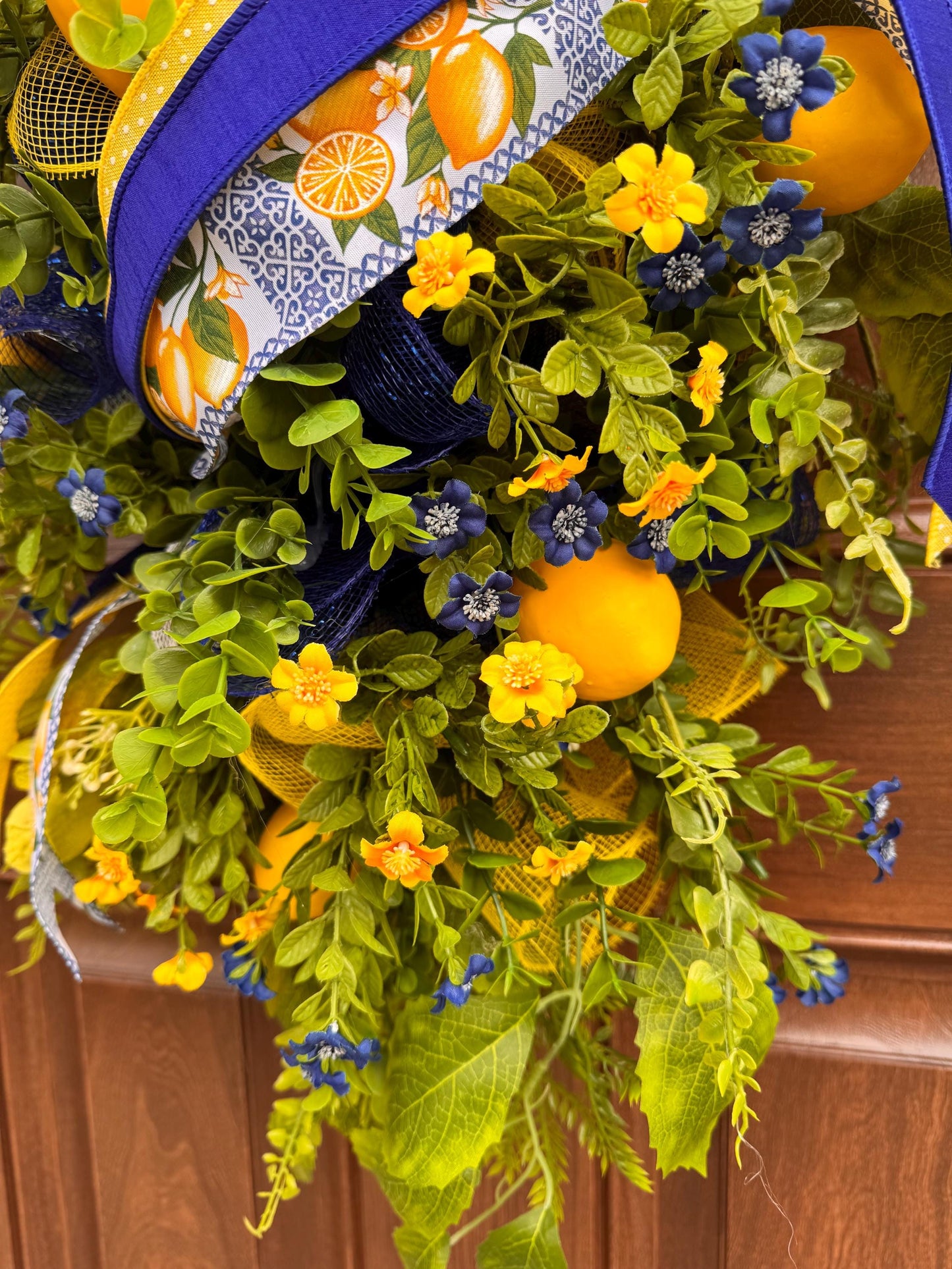 Spring Lemon Wreath for Front Door, Summer Citrus Wreath, Yellow Blue Floral Wreath, Welcome Door Hanger, Farmhouse Spring Decor