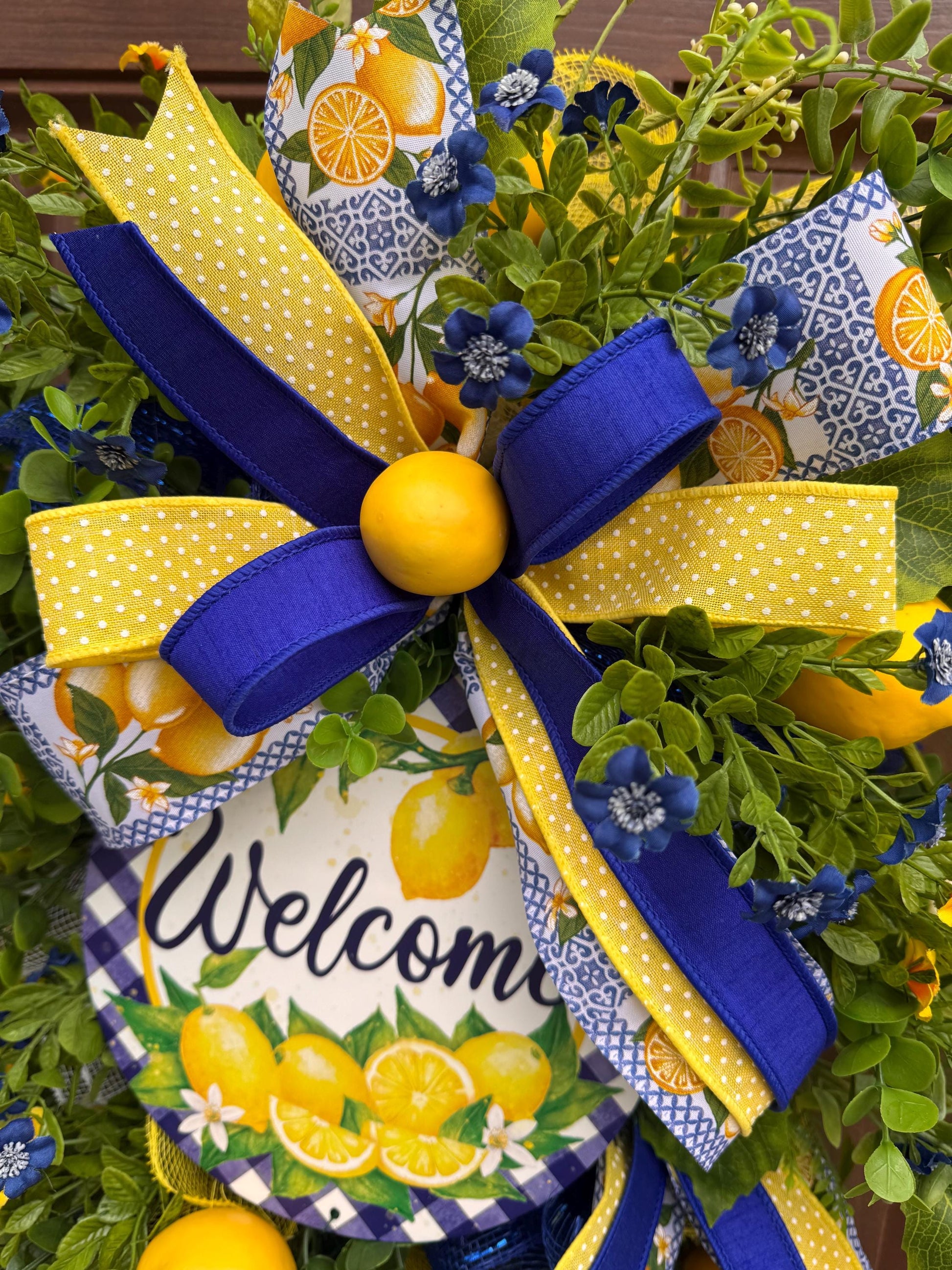 Spring Lemon Wreath for Front Door, Summer Citrus Wreath, Yellow Blue Floral Wreath, Welcome Door Hanger, Farmhouse Spring Decor