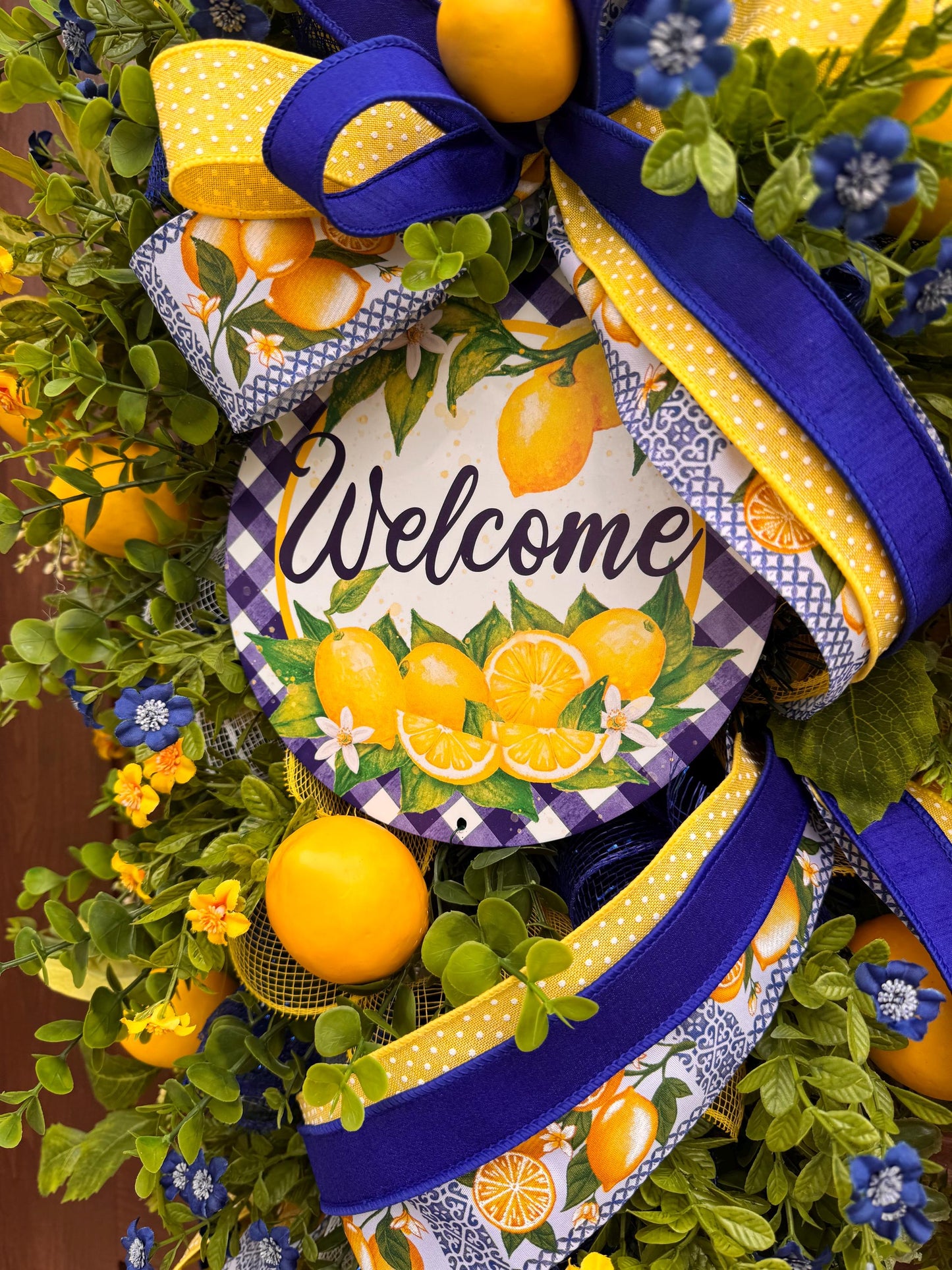 Spring Lemon Wreath for Front Door, Summer Citrus Wreath, Yellow Blue Floral Wreath, Welcome Door Hanger, Farmhouse Spring Decor