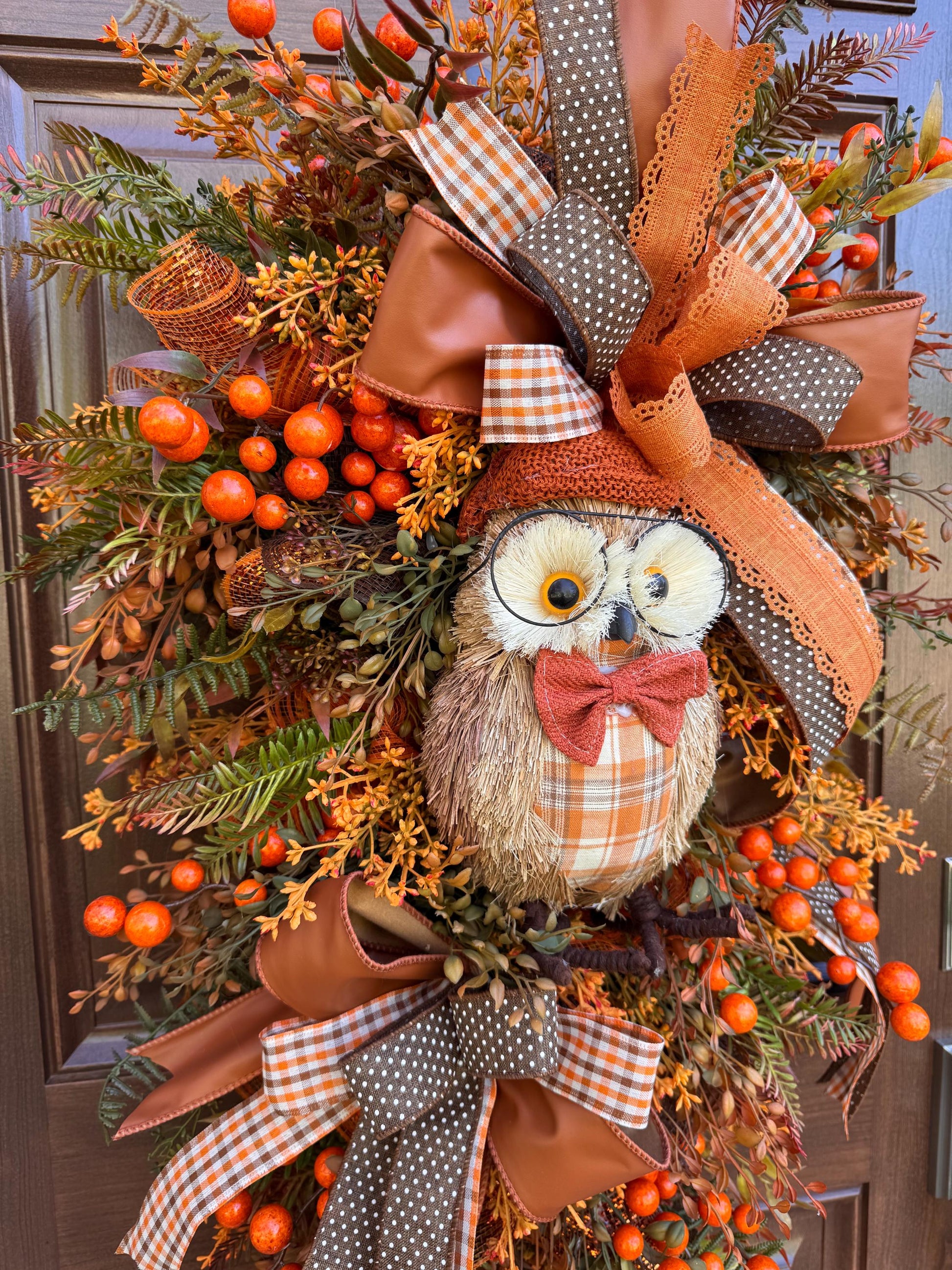 Fall Owl Wreath, Rustic Autumn Door Decor, Orange Brown Berry Swag, Farmhouse Fall Door Hanger, Woodland Owl Decor, Thanksgiving Wreath