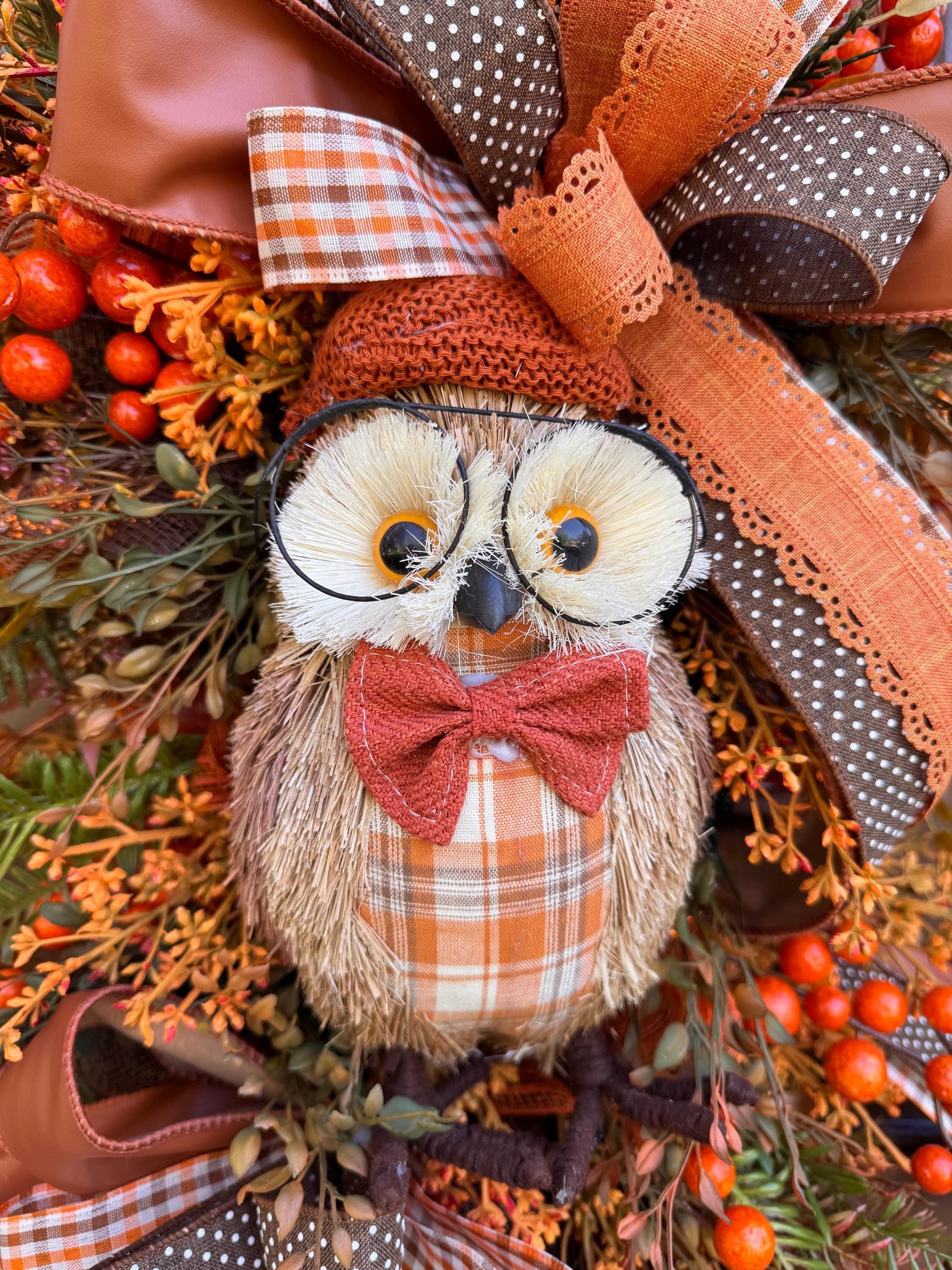 Fall Owl Wreath, Rustic Autumn Door Decor, Orange Brown Berry Swag, Farmhouse Fall Door Hanger, Woodland Owl Decor, Thanksgiving Wreath