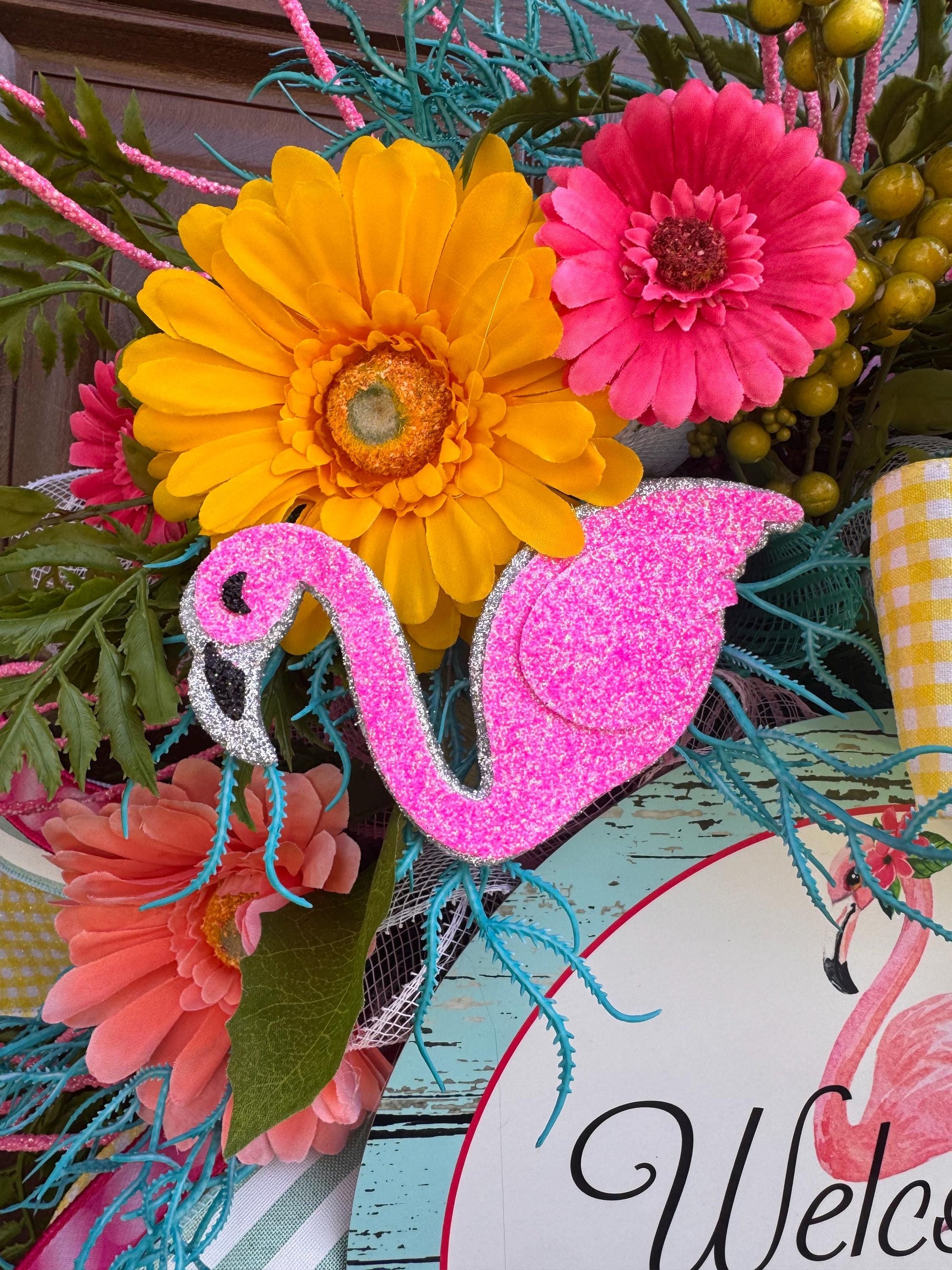 Flamingo Welcome Wreath, Tropical Summer Door Swag, Pink Yellow Teal Front Door Decor, Bright Floral Wreath, Beach House Accent
