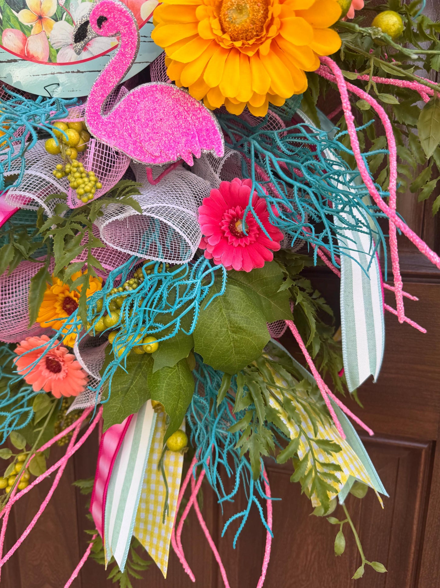 Flamingo Welcome Wreath, Tropical Summer Door Swag, Pink Yellow Teal Front Door Decor, Bright Floral Wreath, Beach House Accent