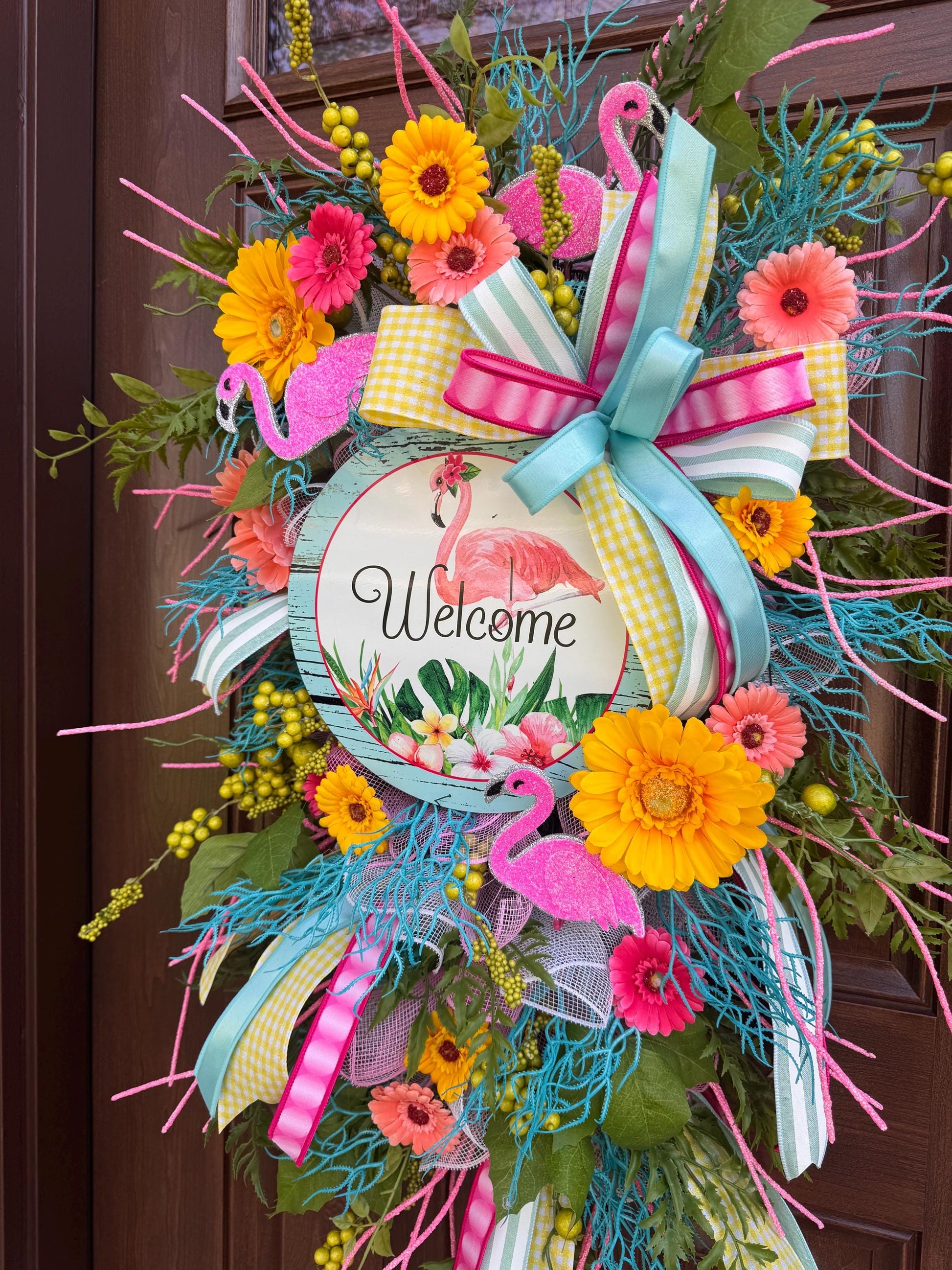 Flamingo Welcome Wreath, Tropical Summer Door Swag, Pink Yellow Teal Front Door Decor, Bright Floral Wreath, Beach House Accent