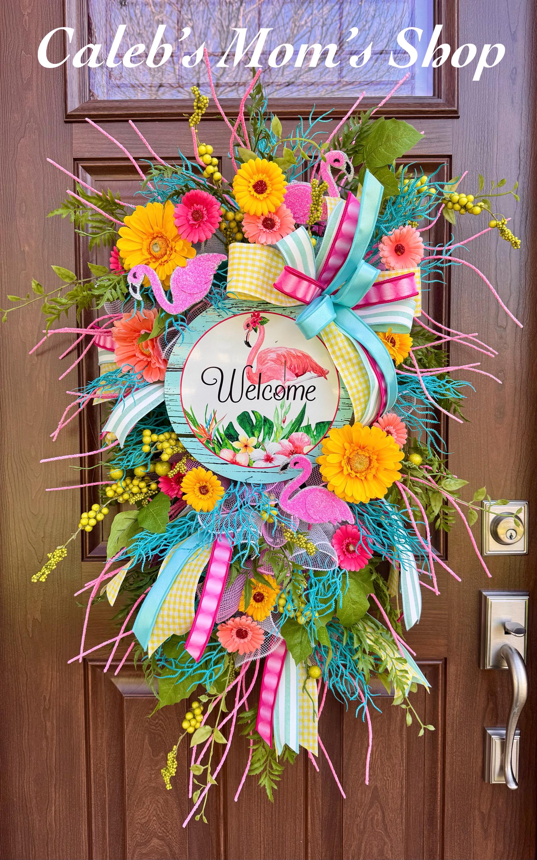 Flamingo Welcome Wreath, Tropical Summer Door Swag, Pink Yellow Teal Front Door Decor, Bright Floral Wreath, Beach House Accent