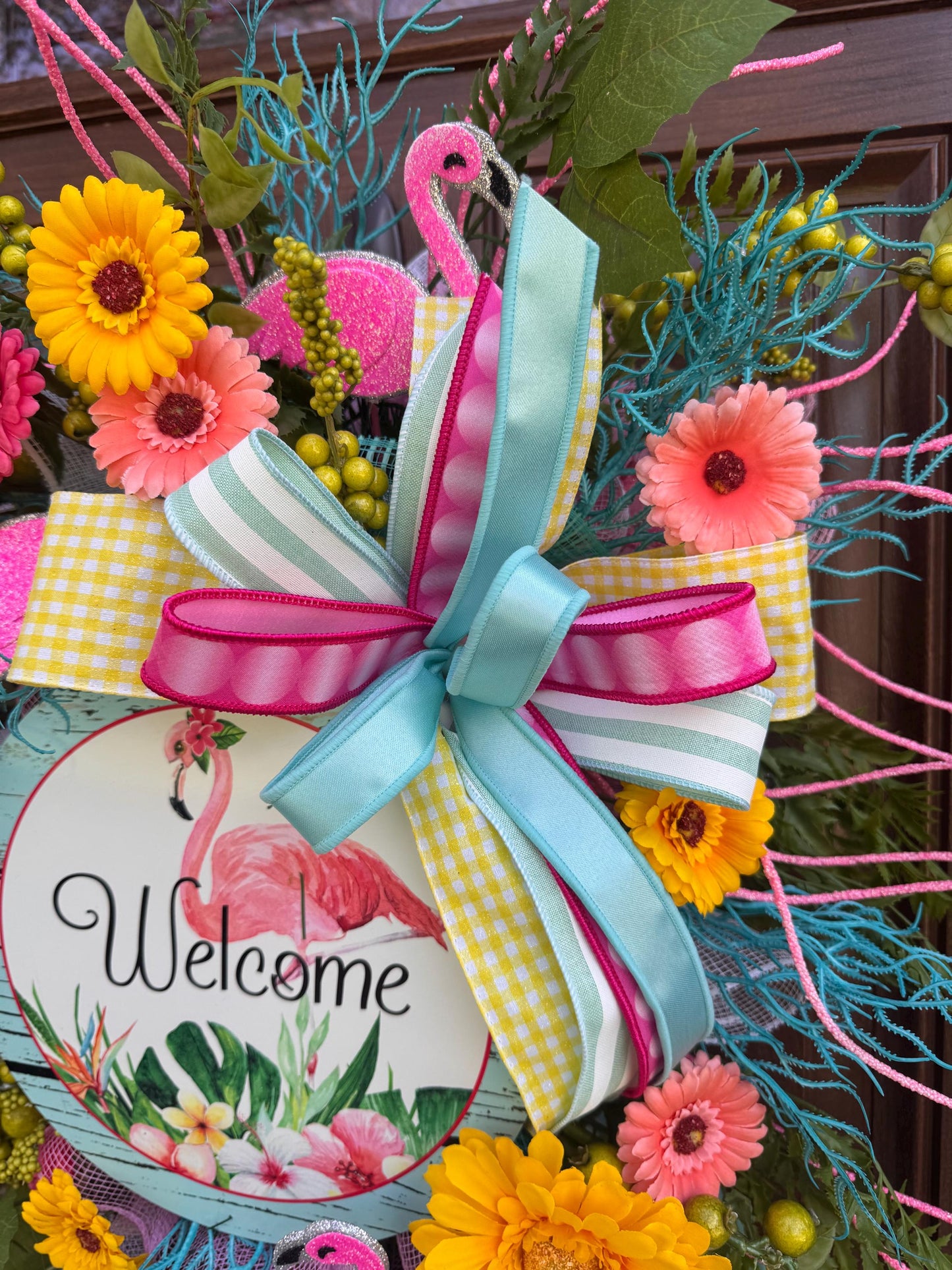 Flamingo Welcome Wreath, Tropical Summer Door Swag, Pink Yellow Teal Front Door Decor, Bright Floral Wreath, Beach House Accent
