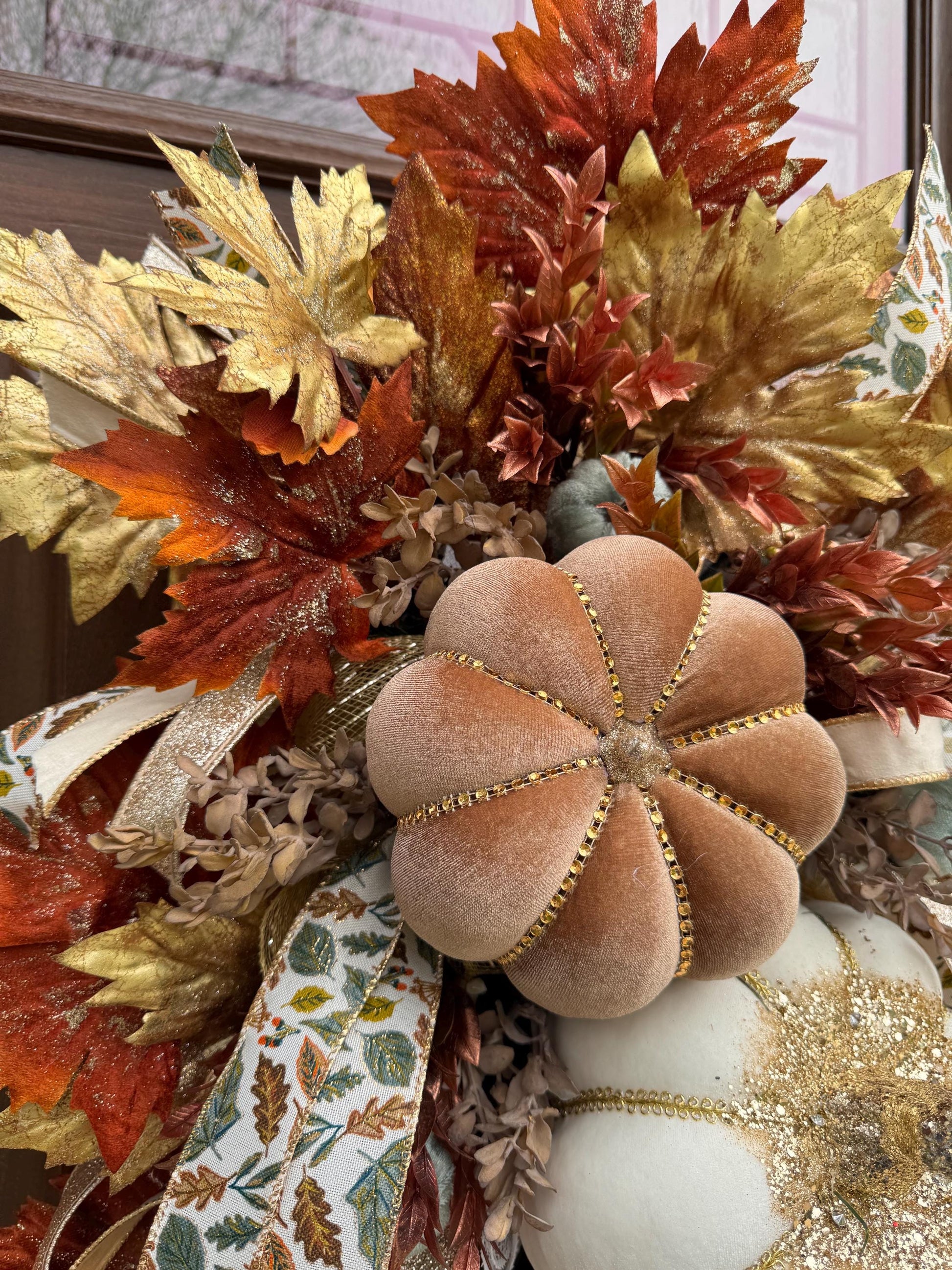 Elegant Fall Pumpkin Wreath, XL Large Autumn Swag Door Decor for Outdoor Porch or Indoor Office Wall Hanger, Fall Hostess Gift