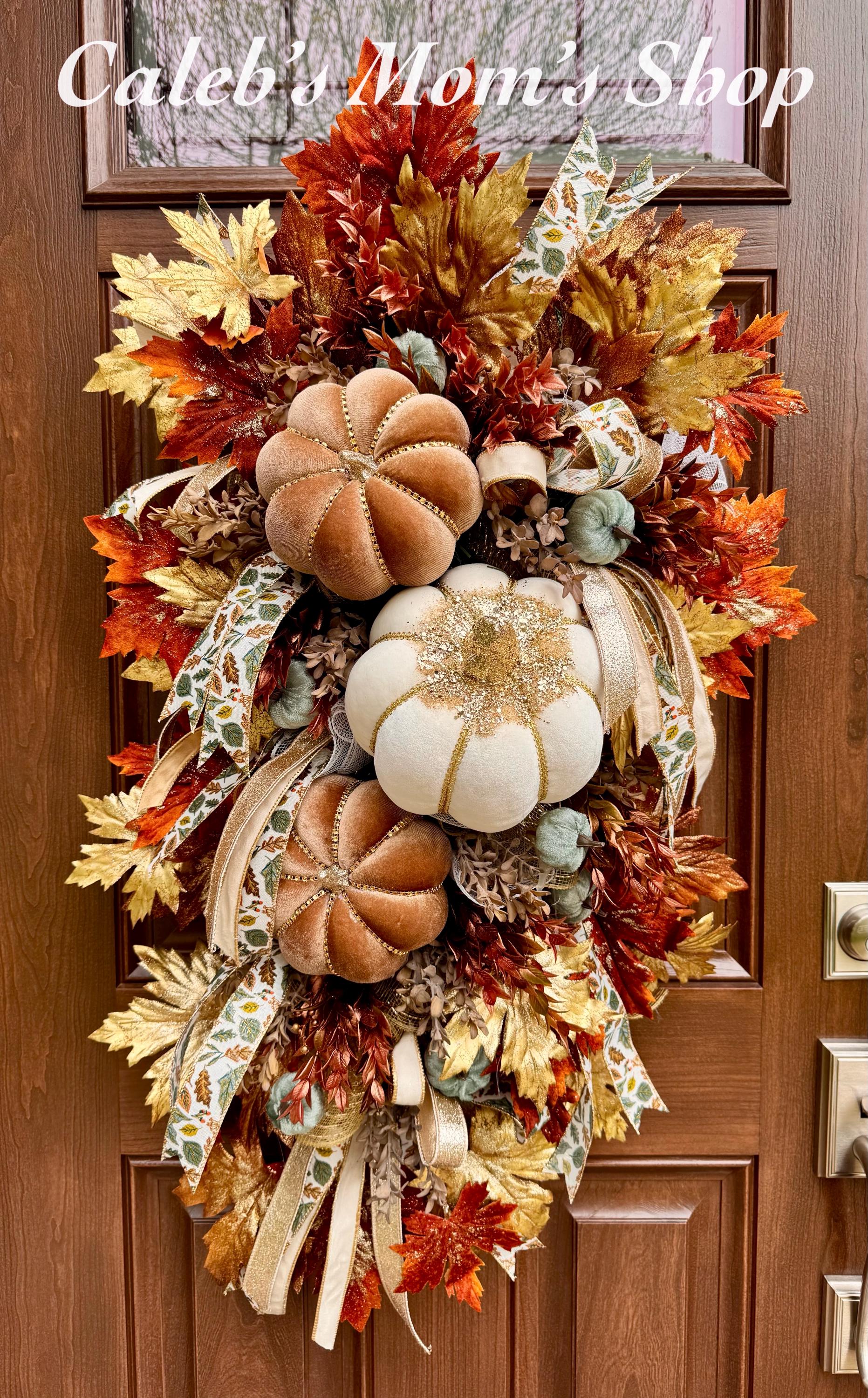 Elegant Fall Pumpkin Wreath, XL Large Autumn Swag Door Decor for Outdoor Porch or Indoor Office Wall Hanger, Fall Hostess Gift