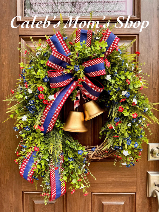 Patriotic Grapevine Wreath with Bells, Red White Blue Front Door Decor, Americana Summer Decor, Memorial Day 4th of July Farmhouse Wreath