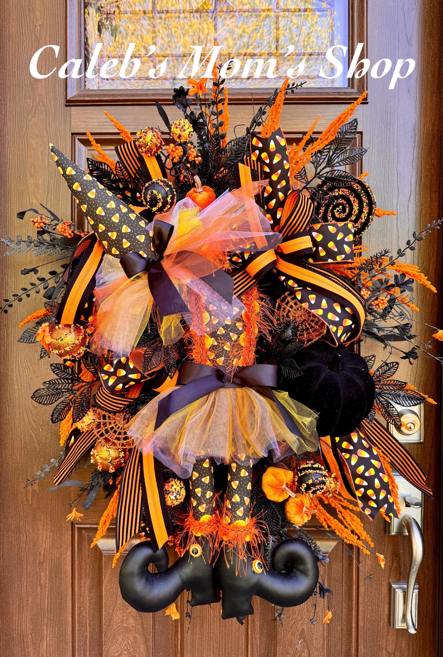 Halloween Witch Wreath, Candy Corn Decor, Black Orange Front Door Hanger, Spooky Halloween Porch Decoration
