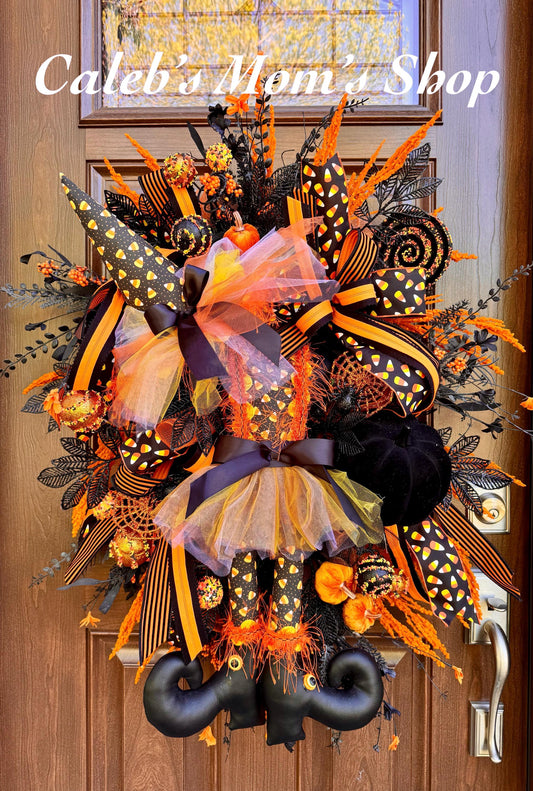 Halloween Witch Wreath, Candy Corn Decor, Black Orange Front Door Hanger, Spooky Halloween Porch Decoration