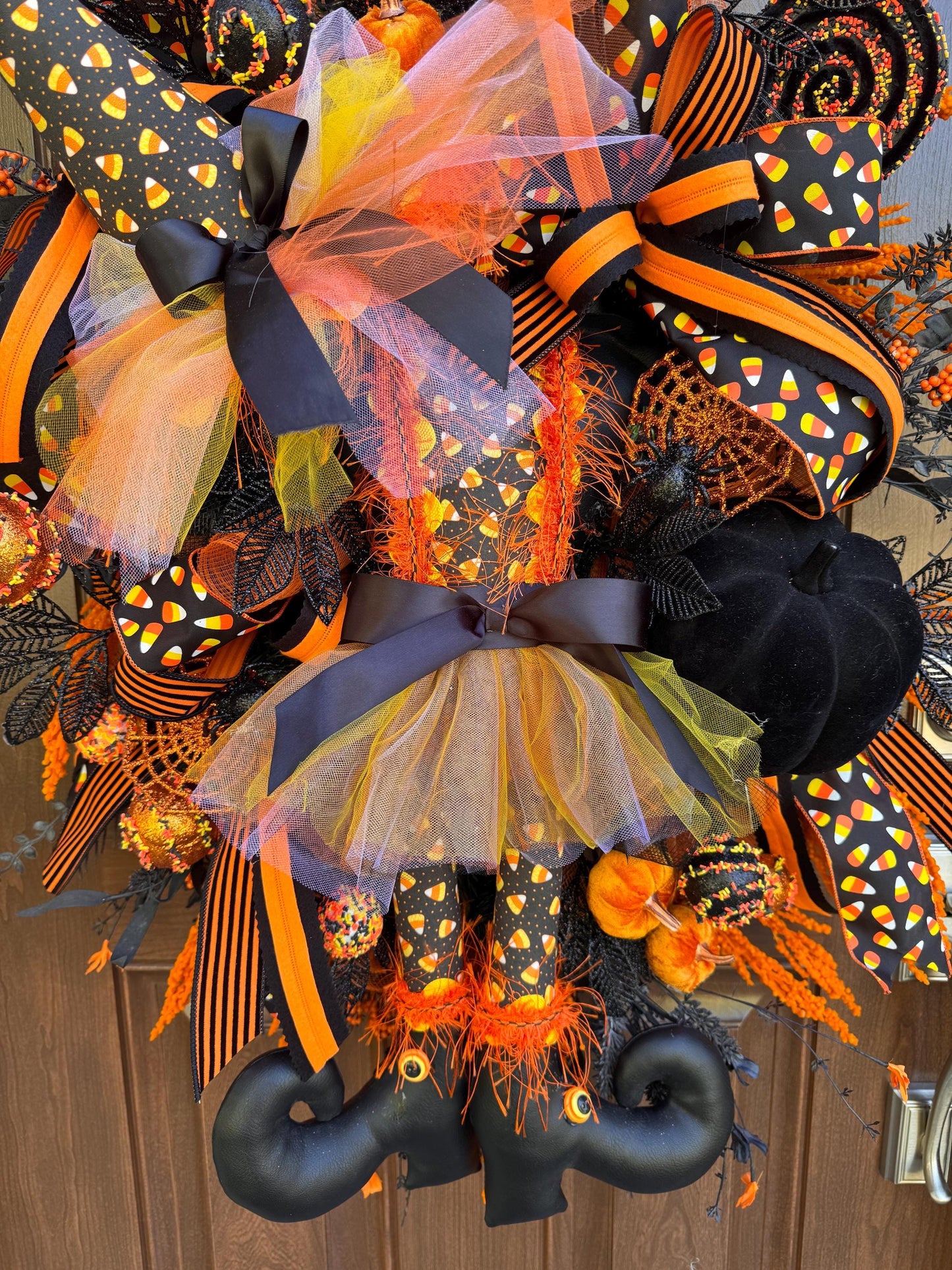 Halloween Witch Wreath, Candy Corn Decor, Black Orange Front Door Hanger, Spooky Halloween Porch Decoration