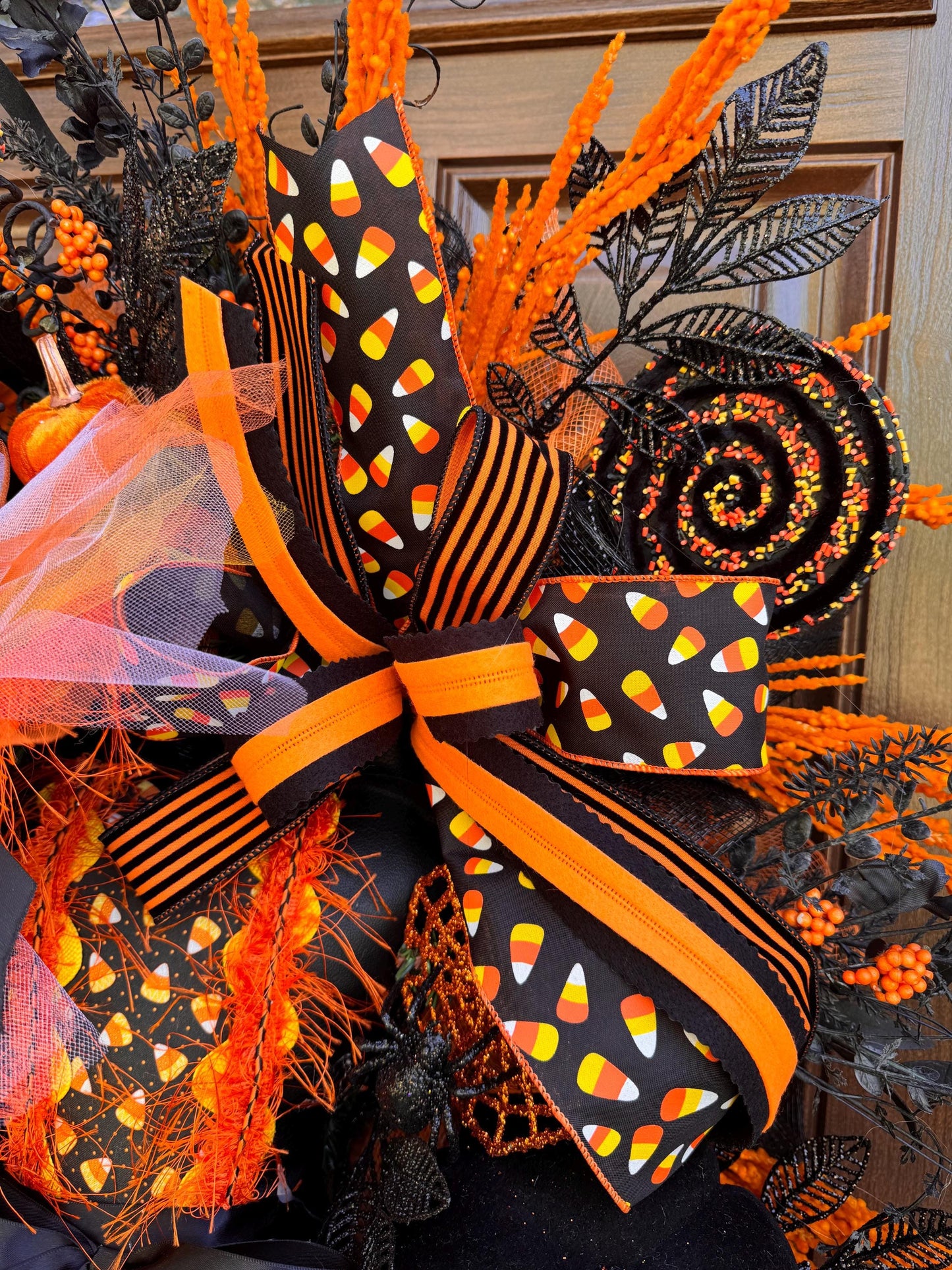 Halloween Witch Wreath, Candy Corn Decor, Black Orange Front Door Hanger, Spooky Halloween Porch Decoration