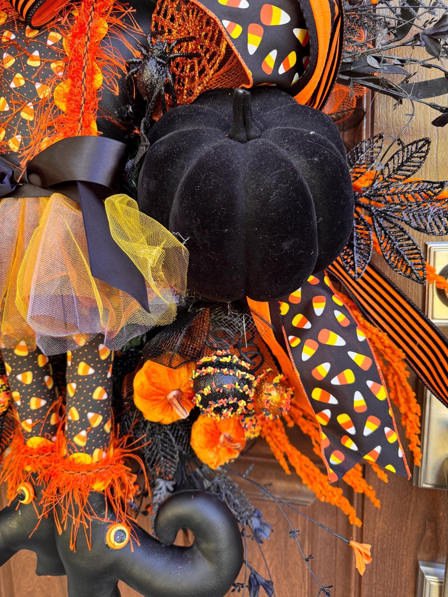 Halloween Witch Wreath, Candy Corn Decor, Black Orange Front Door Hanger, Spooky Halloween Porch Decoration