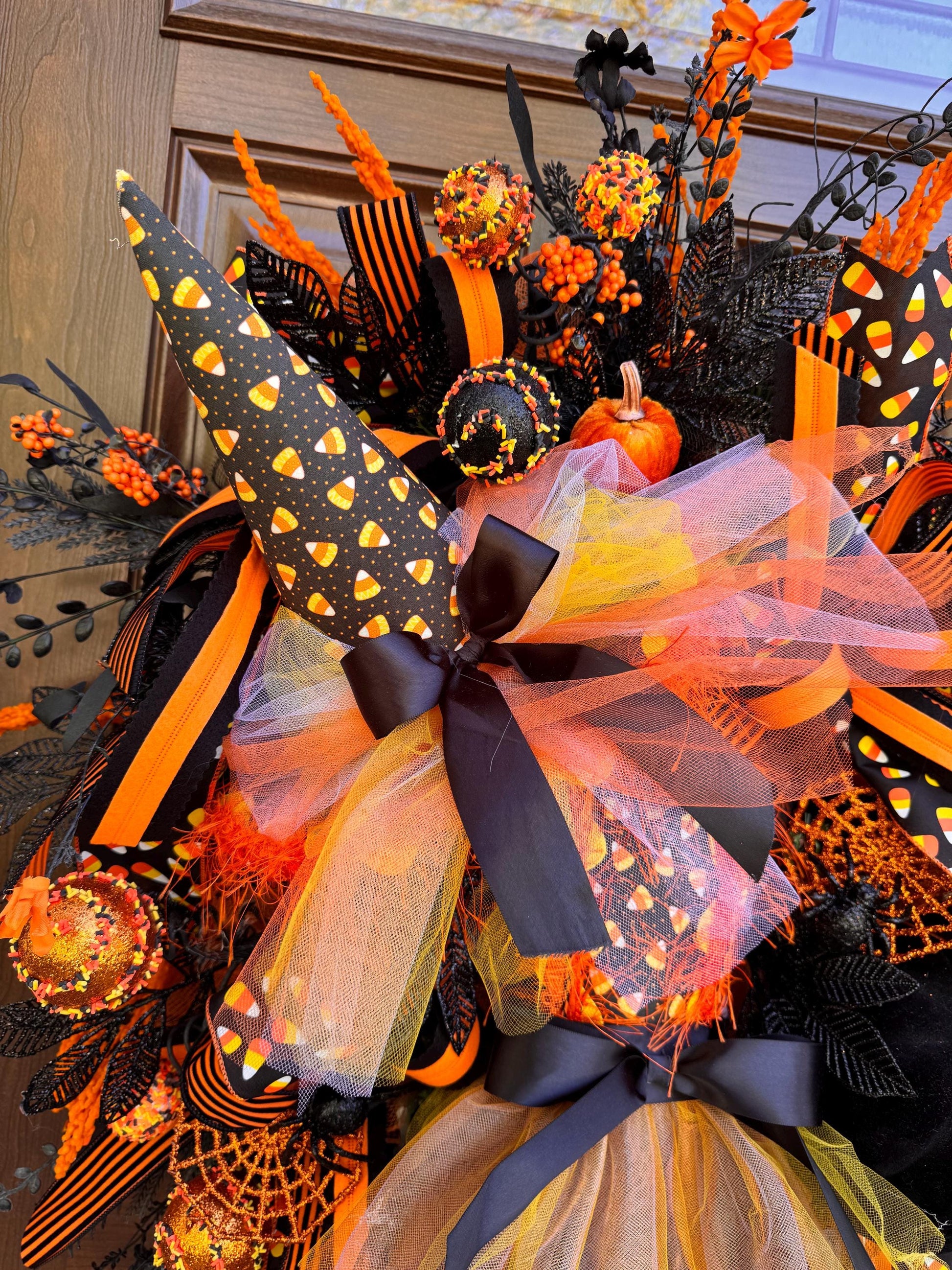 Halloween Witch Wreath, Candy Corn Decor, Black Orange Front Door Hanger, Spooky Halloween Porch Decoration