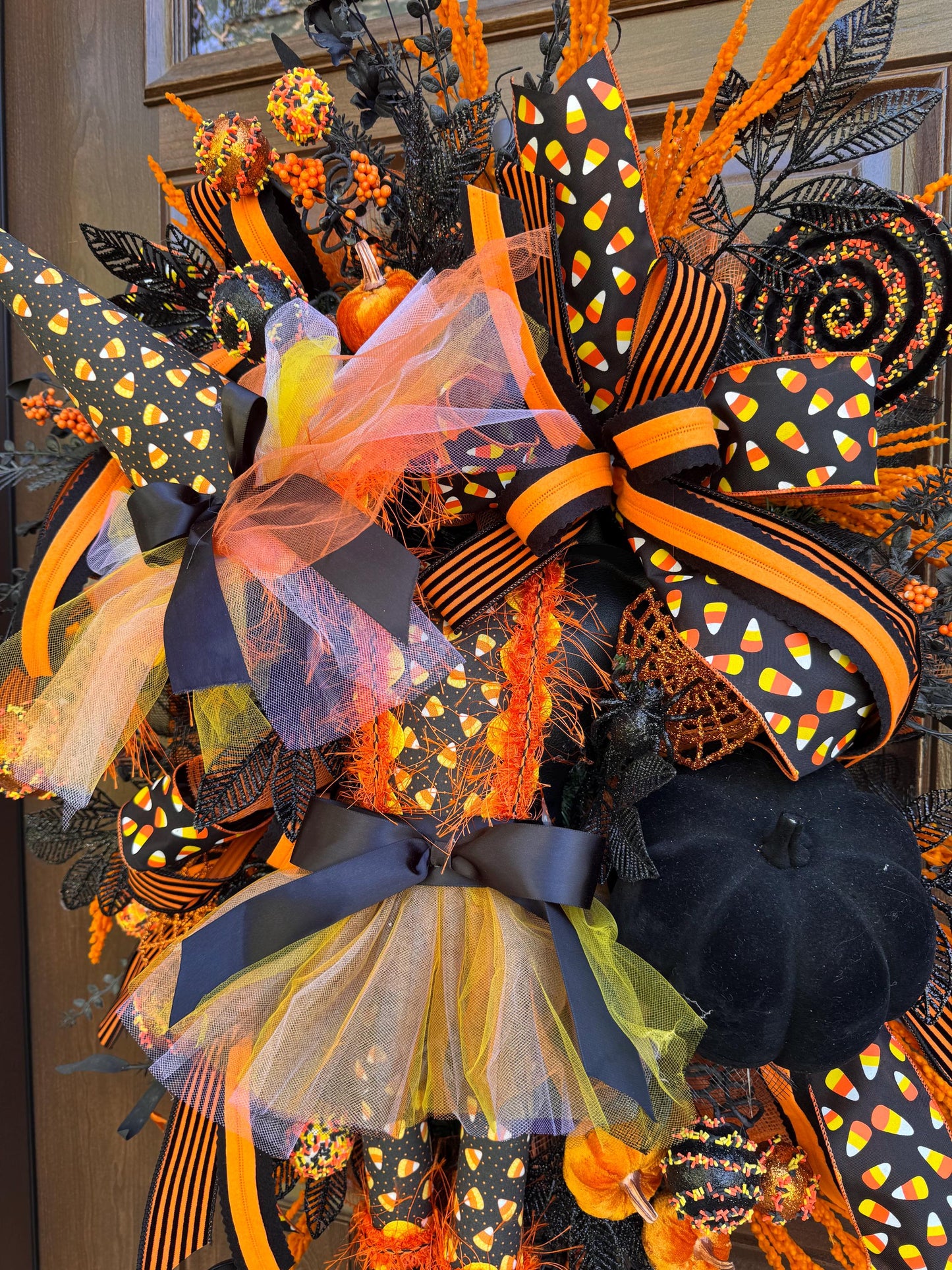 Halloween Witch Wreath, Candy Corn Decor, Black Orange Front Door Hanger, Spooky Halloween Porch Decoration