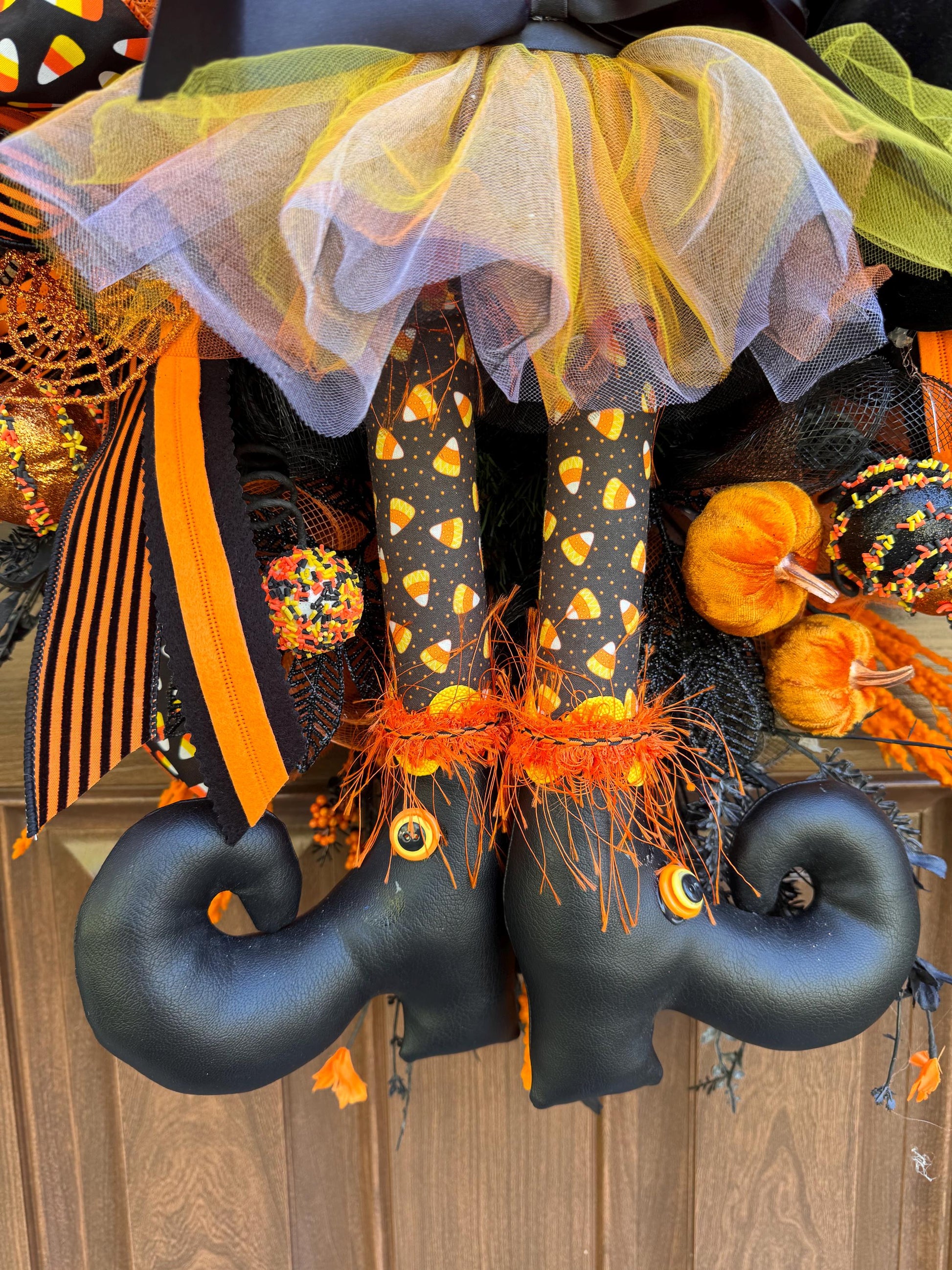 Halloween Witch Wreath, Candy Corn Decor, Black Orange Front Door Hanger, Spooky Halloween Porch Decoration