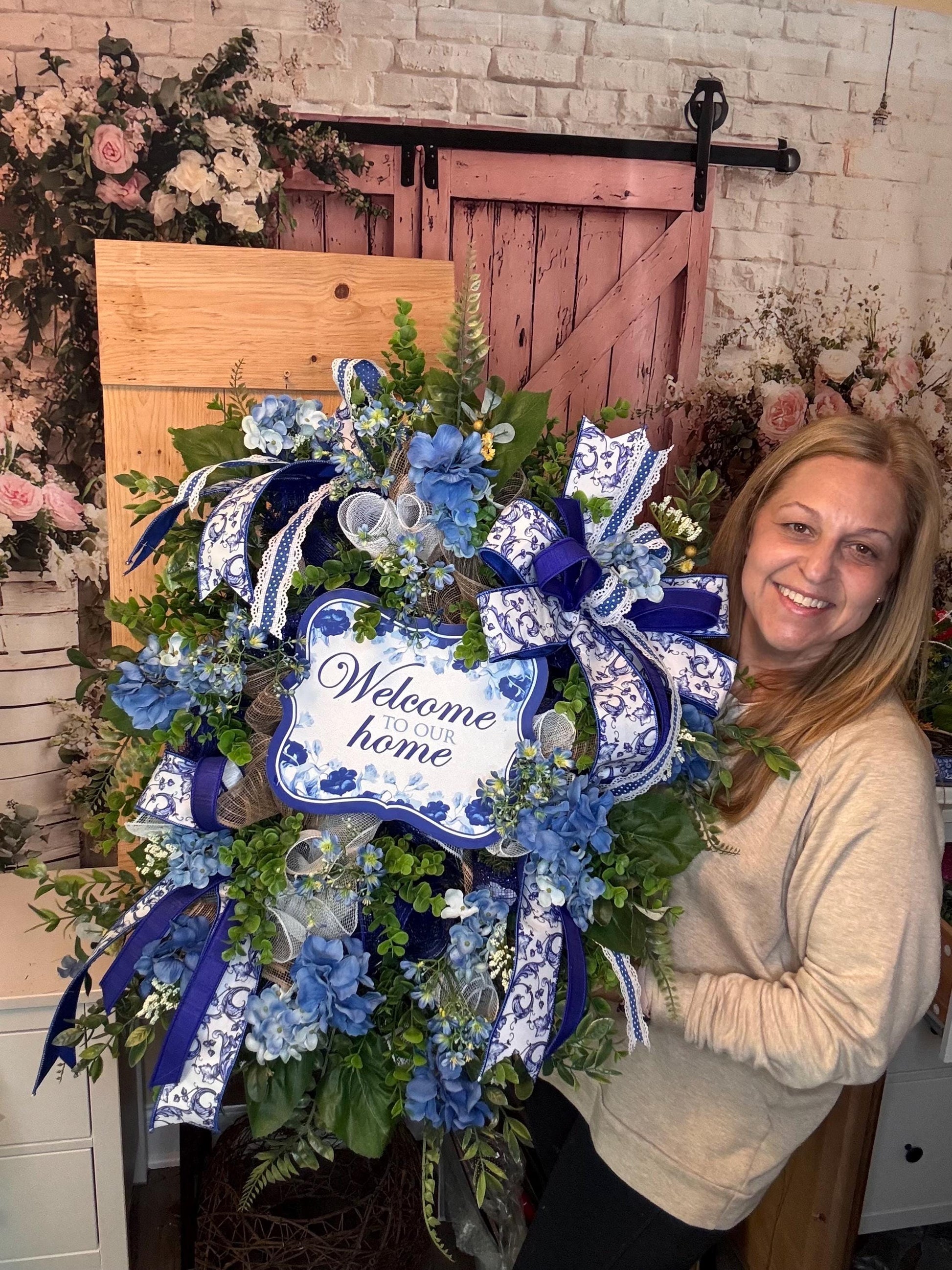 Blue Hydrangea Wreath, Welcome Door Wreath, Blue & White Front Door Decor, Spring Summer Wreath, Farmhouse Porch Decoration