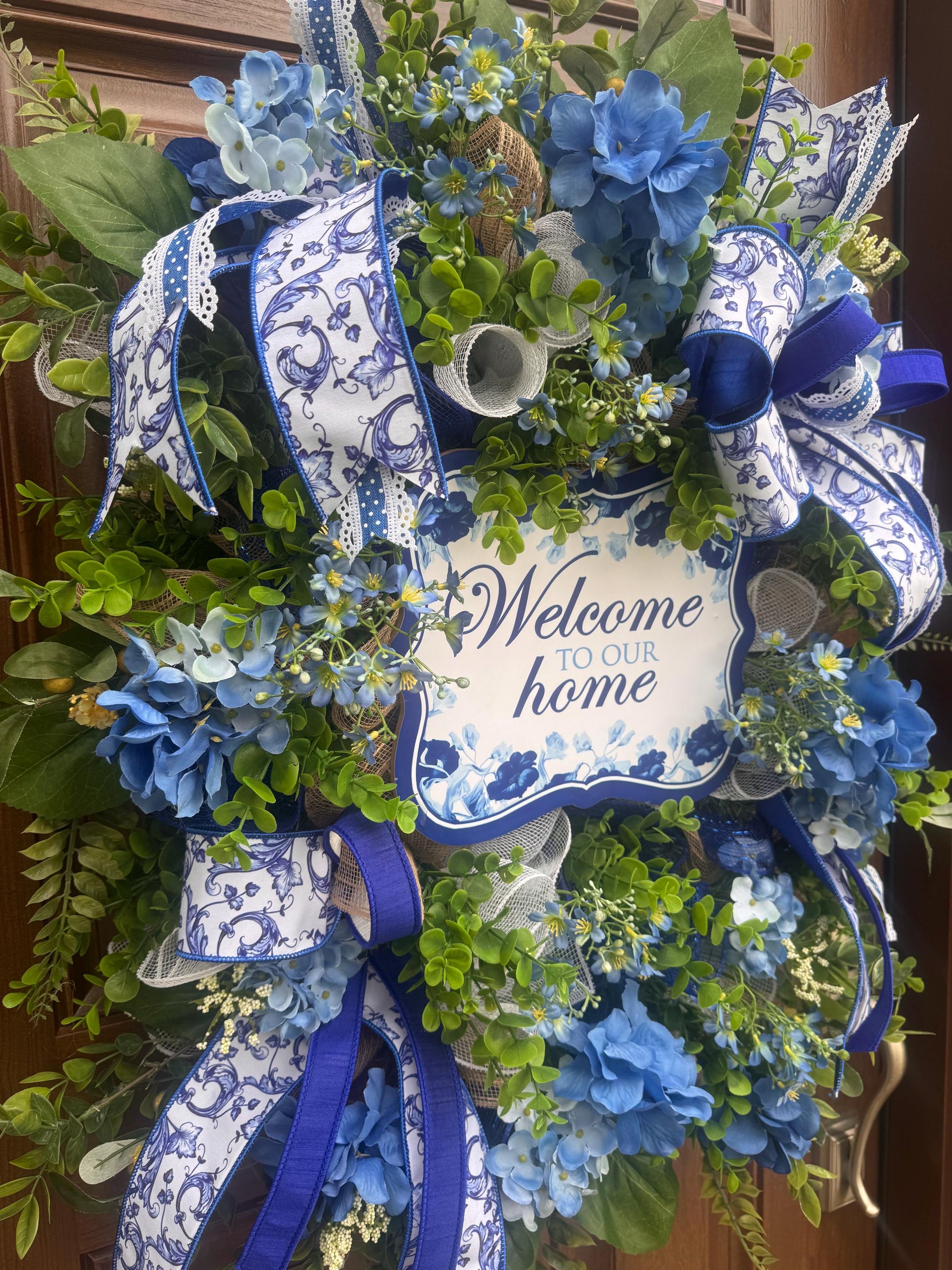 Blue Hydrangea Wreath, Welcome Door Wreath, Blue & White Front Door Decor, Spring Summer Wreath, Farmhouse Porch Decoration
