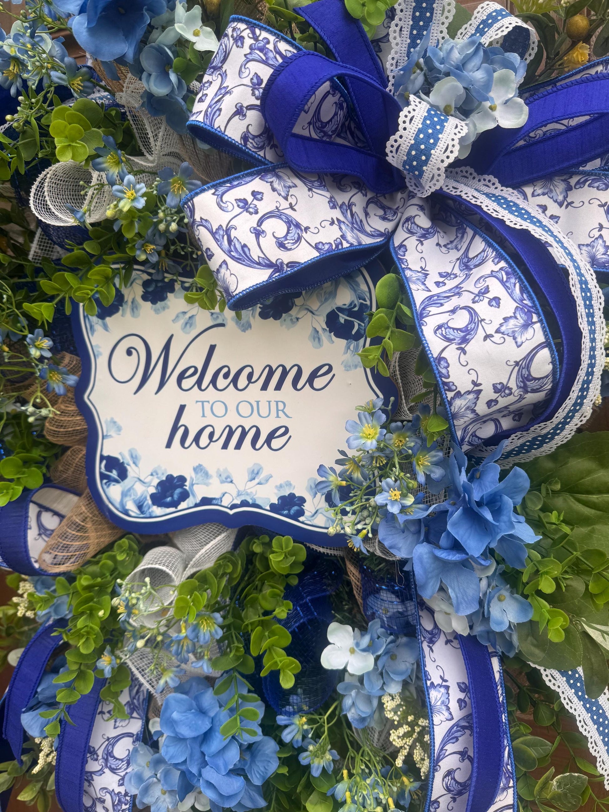 Blue Hydrangea Wreath, Welcome Door Wreath, Blue & White Front Door Decor, Spring Summer Wreath, Farmhouse Porch Decoration