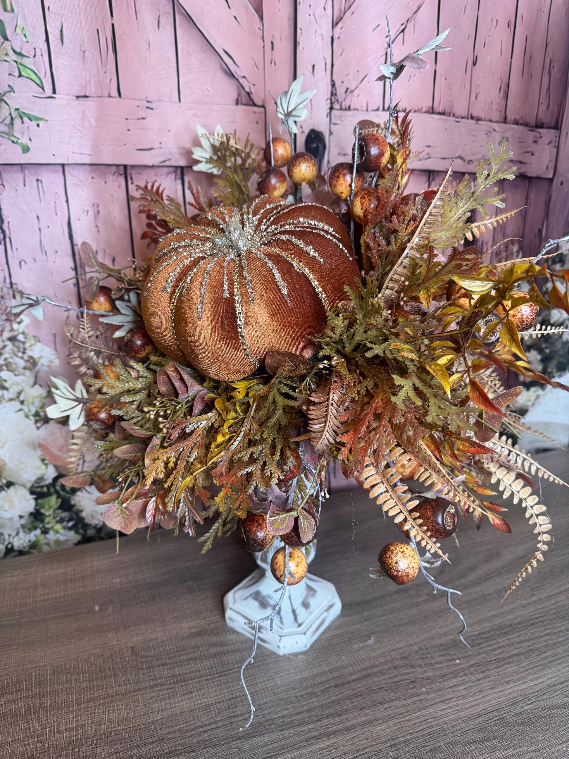 Elegant Fall Pumpkin Candlestick Arrangement | Rustic Autumn Table Centerpiece | Handmade Fall Decor