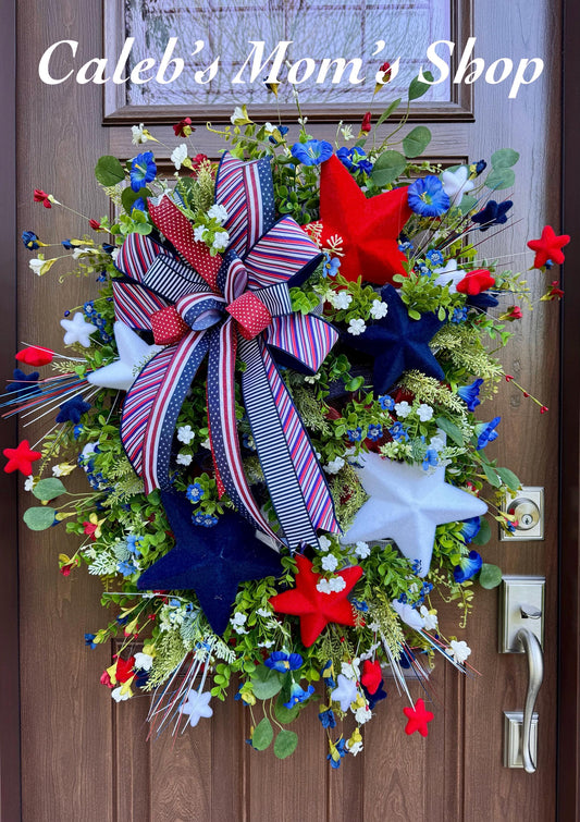 Patriotic Star Wreath for Front Door, Red White and Blue Summer Wreath, 4th of July Decor, Memorial Day Wreath, Americana Door Hanger