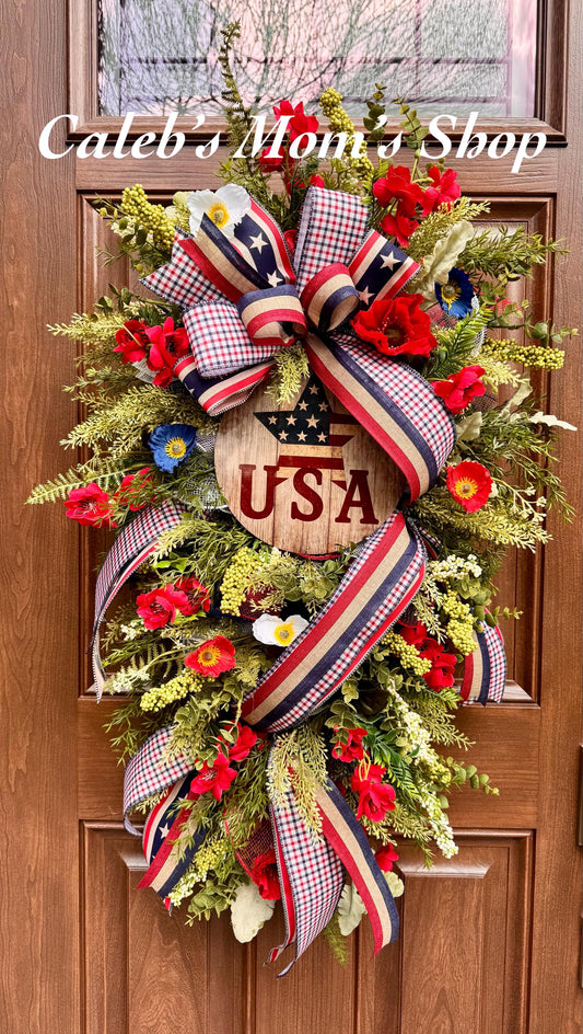 Patriotic USA Wreath, Red White Blue Summer Wreath, Memorial Day Fourth of July Decor, Americana Door Hanger, Farmhouse Patriotic Swag
