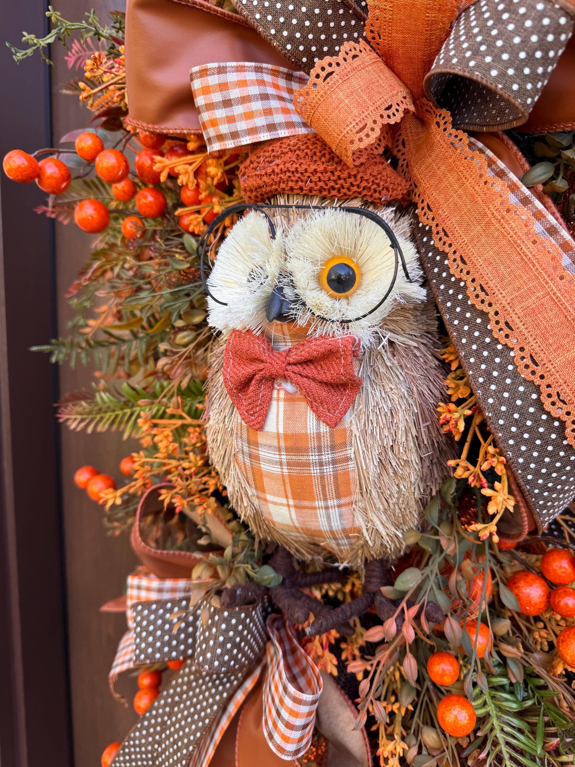 Fall Owl Wreath, Rustic Autumn Door Decor, Orange Brown Berry Swag, Farmhouse Fall Door Hanger, Woodland Owl Decor, Thanksgiving Wreath