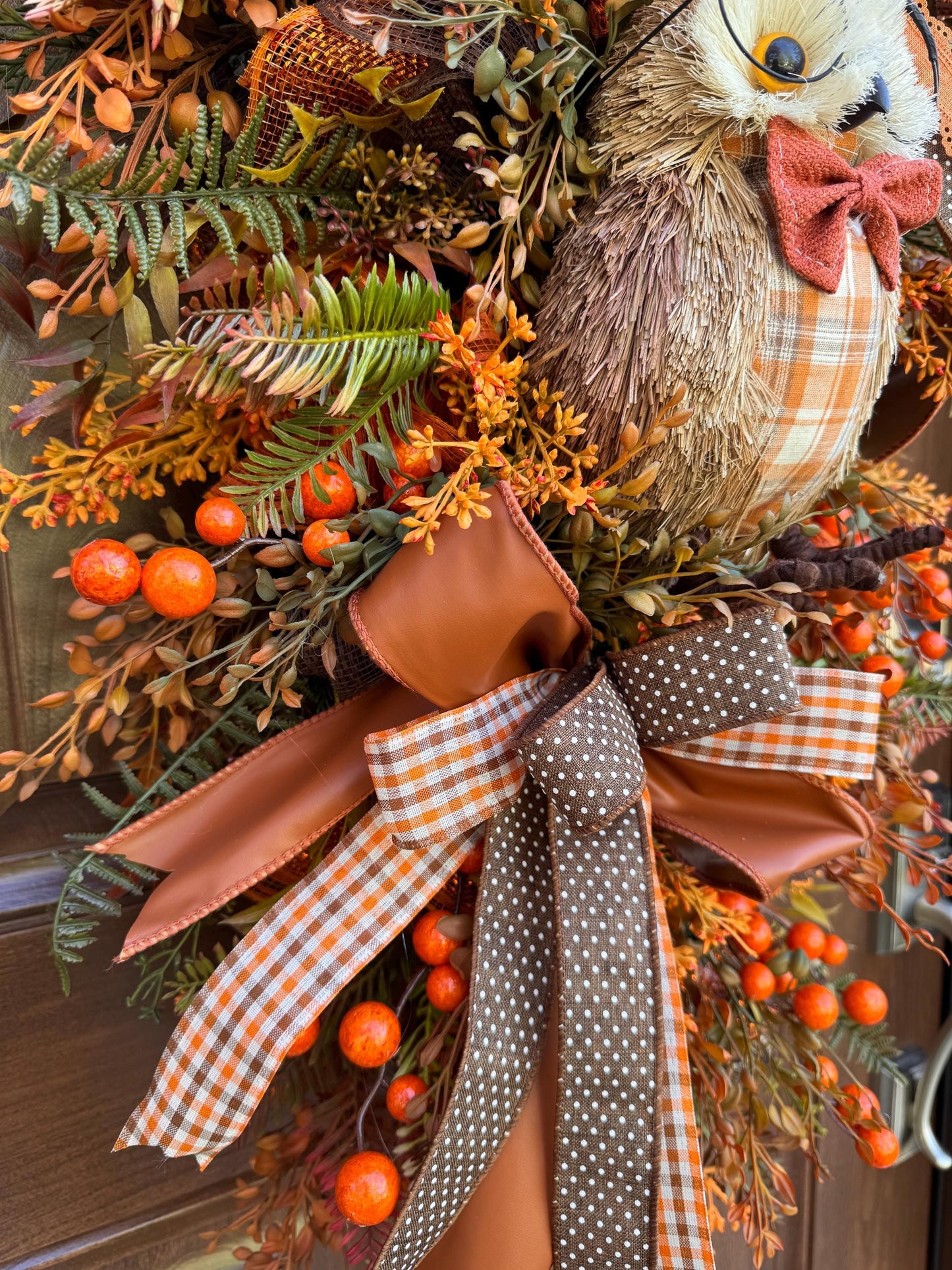 Fall Owl Wreath, Rustic Autumn Door Decor, Orange Brown Berry Swag, Farmhouse Fall Door Hanger, Woodland Owl Decor, Thanksgiving Wreath