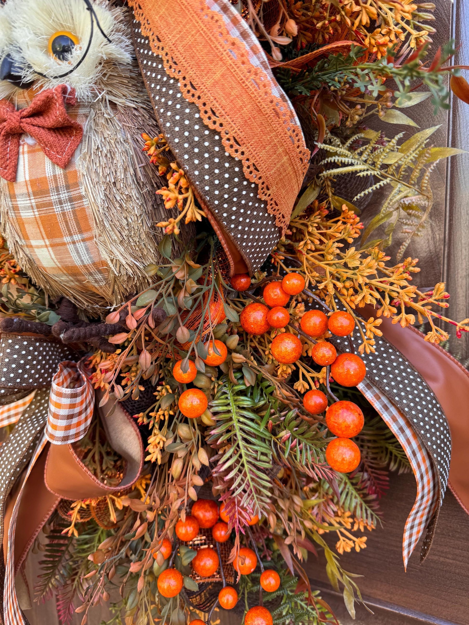 Fall Owl Wreath, Rustic Autumn Door Decor, Orange Brown Berry Swag, Farmhouse Fall Door Hanger, Woodland Owl Decor, Thanksgiving Wreath