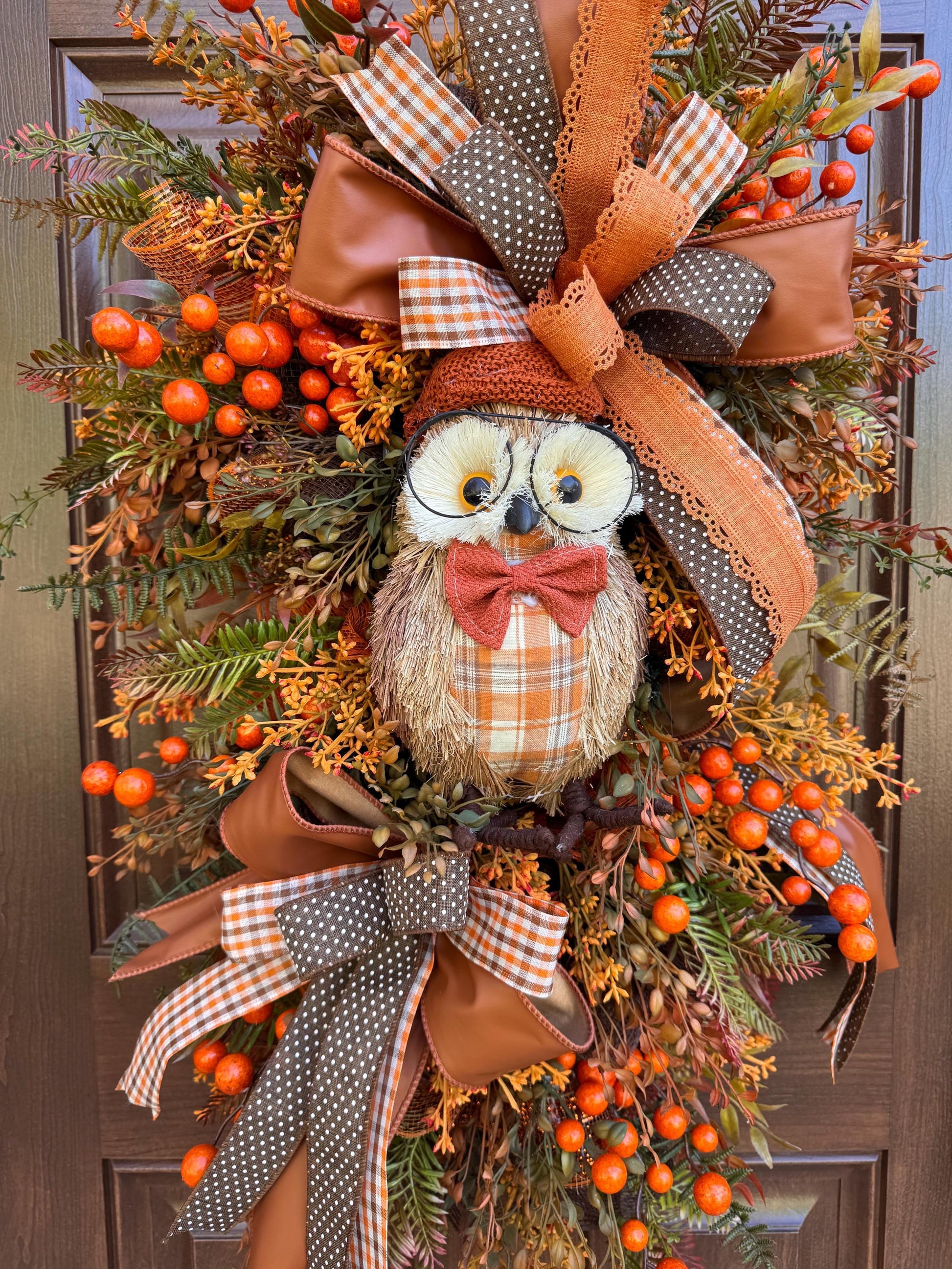 Fall Owl Wreath, Rustic Autumn Door Decor, Orange Brown Berry Swag, Farmhouse Fall Door Hanger, Woodland Owl Decor, Thanksgiving Wreath
