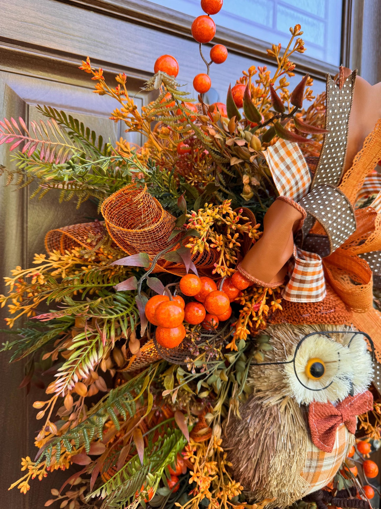 Fall Owl Wreath, Rustic Autumn Door Decor, Orange Brown Berry Swag, Farmhouse Fall Door Hanger, Woodland Owl Decor, Thanksgiving Wreath