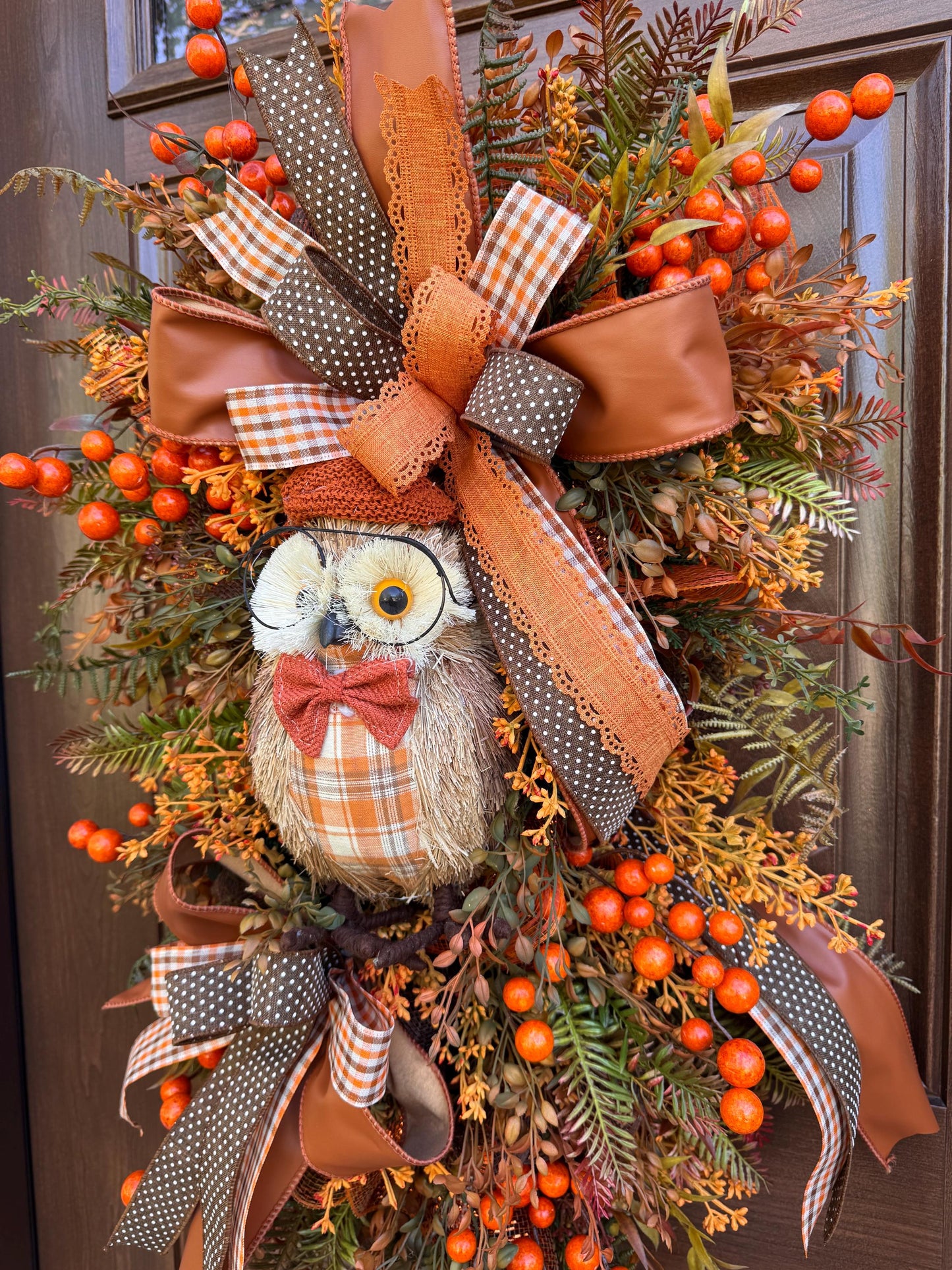 Fall Owl Wreath, Rustic Autumn Door Decor, Orange Brown Berry Swag, Farmhouse Fall Door Hanger, Woodland Owl Decor, Thanksgiving Wreath