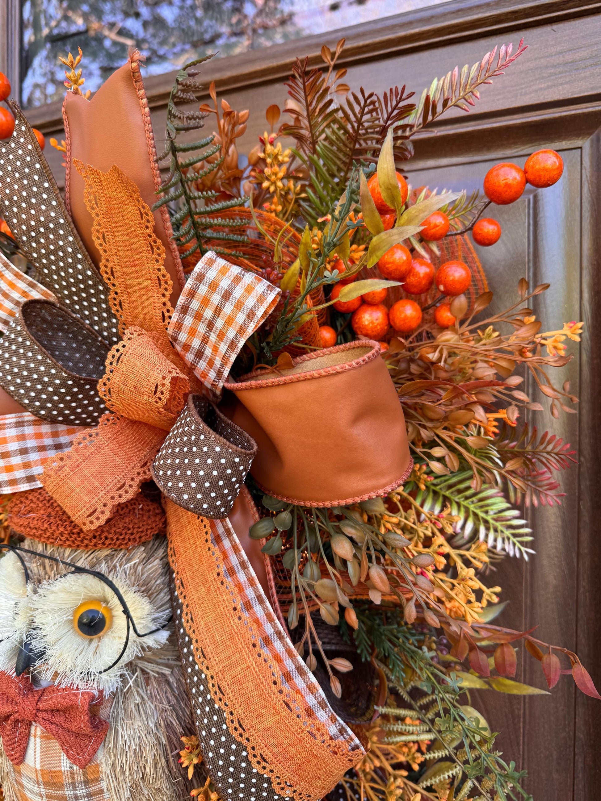 Fall Owl Wreath, Rustic Autumn Door Decor, Orange Brown Berry Swag, Farmhouse Fall Door Hanger, Woodland Owl Decor, Thanksgiving Wreath