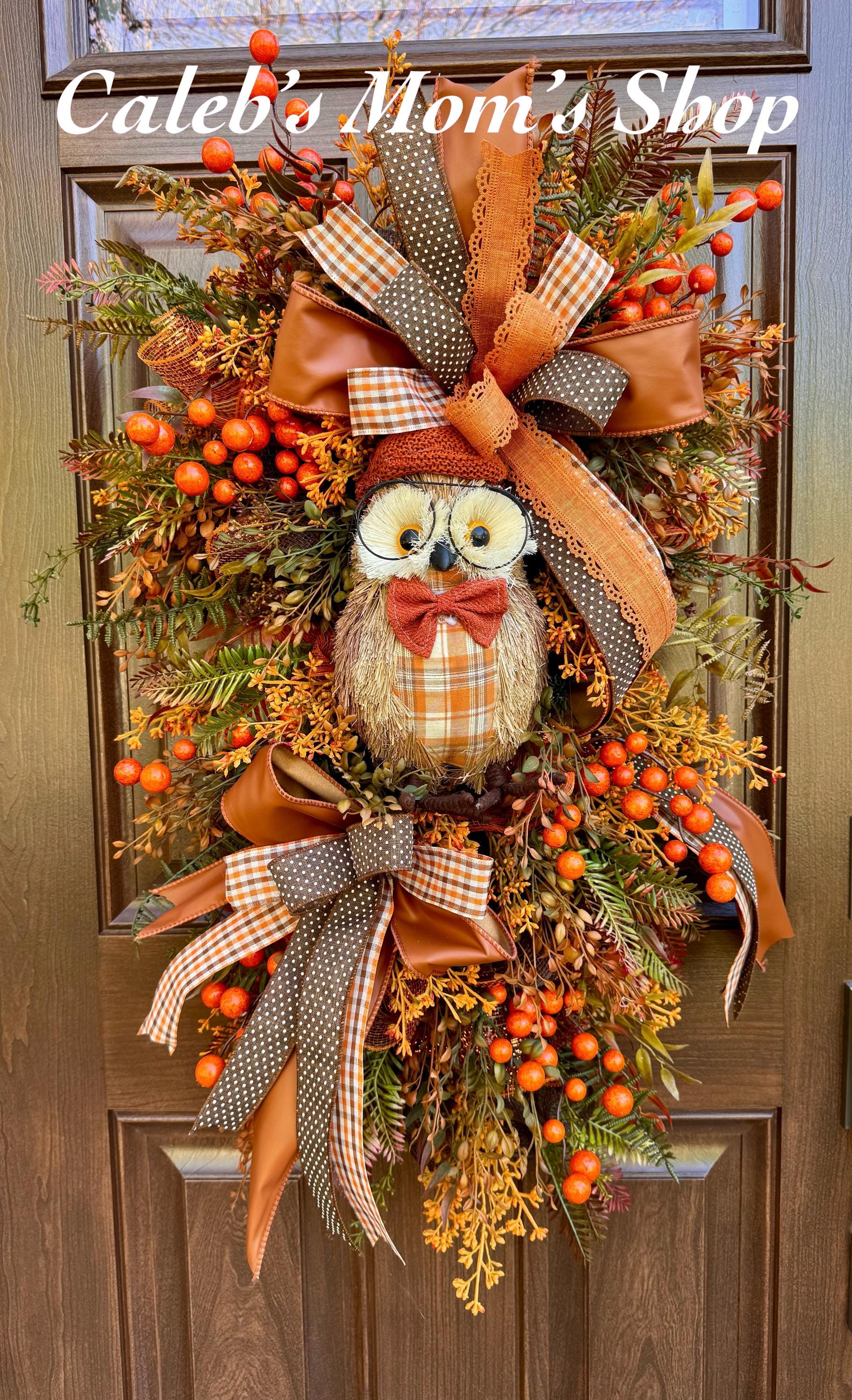 Fall Owl Wreath, Rustic Autumn Door Decor, Orange Brown Berry Swag, Farmhouse Fall Door Hanger, Woodland Owl Decor, Thanksgiving Wreath