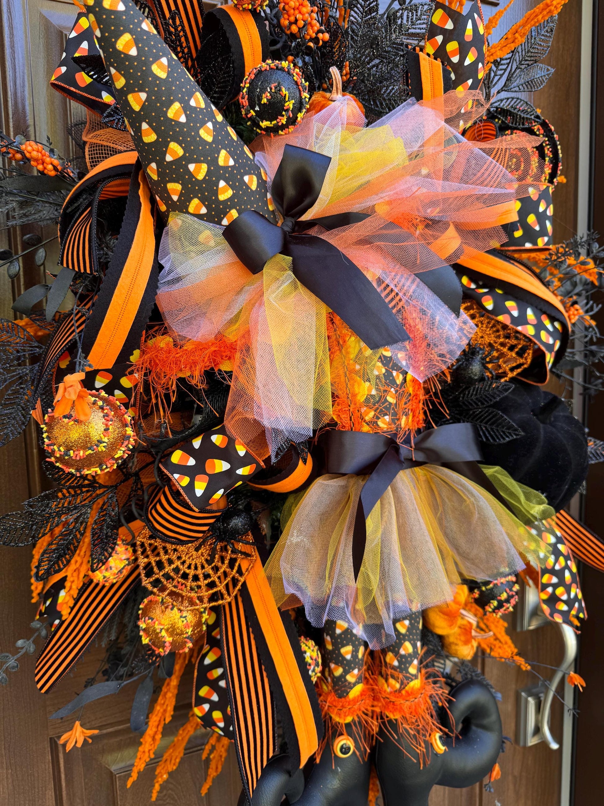 Halloween Witch Wreath, Candy Corn Decor, Black Orange Front Door Hanger, Spooky Halloween Porch Decoration