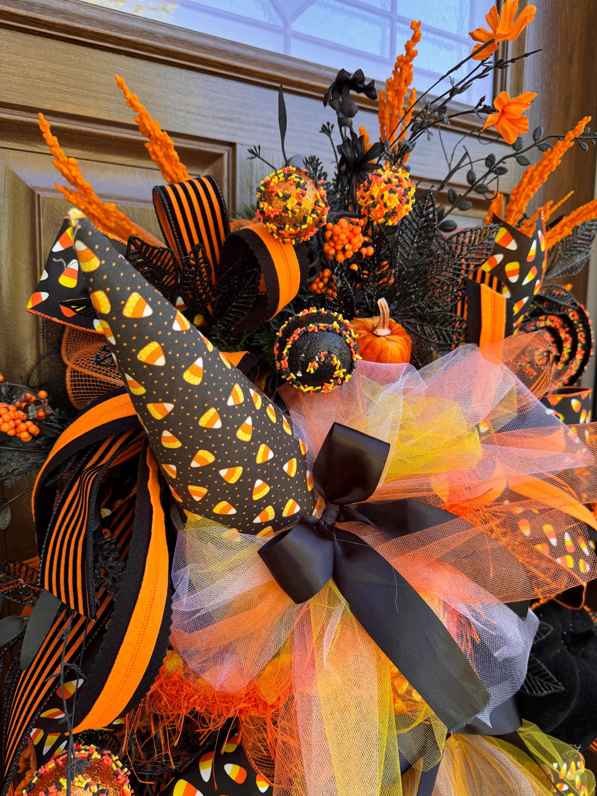 Halloween Witch Wreath, Candy Corn Decor, Black Orange Front Door Hanger, Spooky Halloween Porch Decoration