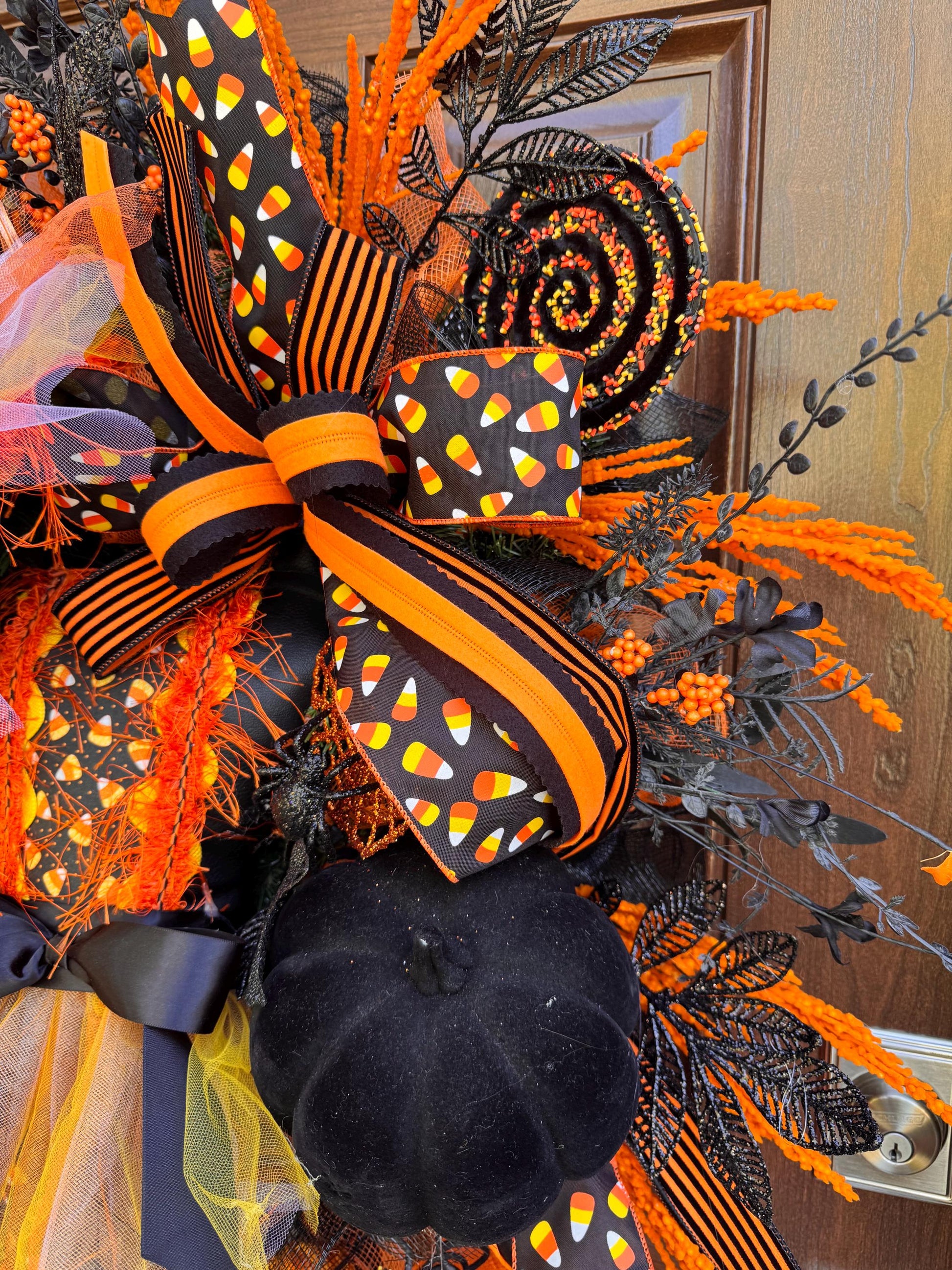 Halloween Witch Wreath, Candy Corn Decor, Black Orange Front Door Hanger, Spooky Halloween Porch Decoration