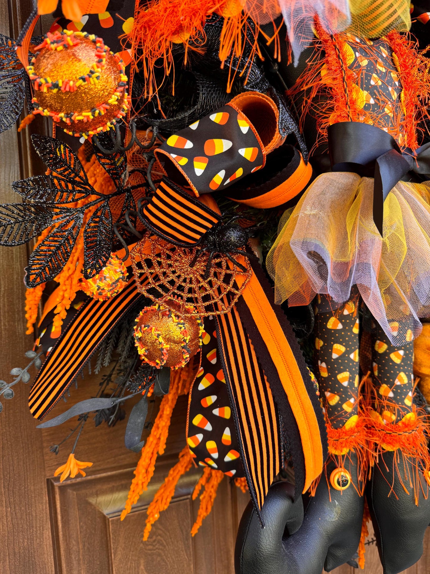 Halloween Witch Wreath, Candy Corn Decor, Black Orange Front Door Hanger, Spooky Halloween Porch Decoration