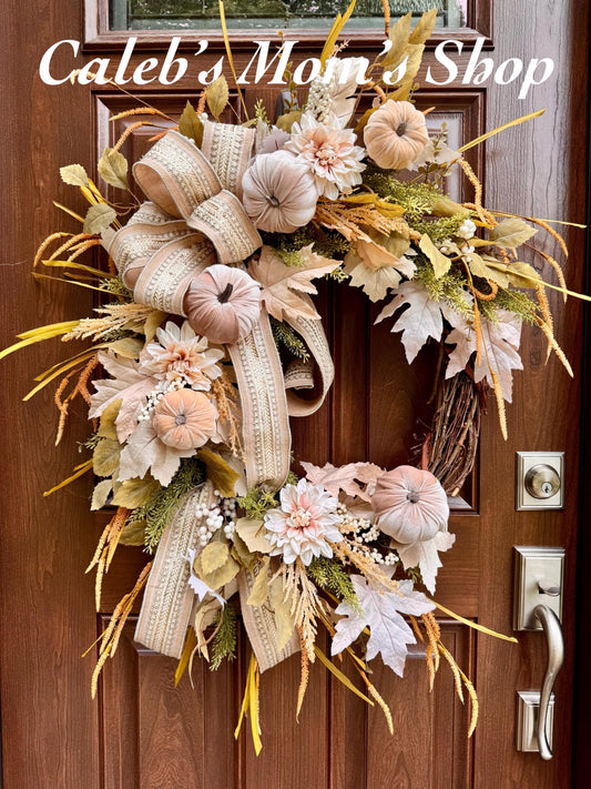 Neutral Fall Pumpkin Grapevine Wreath, Elegant Autumn Front Door Decor, Cream Pumpkin Wreath, Neutral Fall Door Hanger, Fall Farmhouse Decor