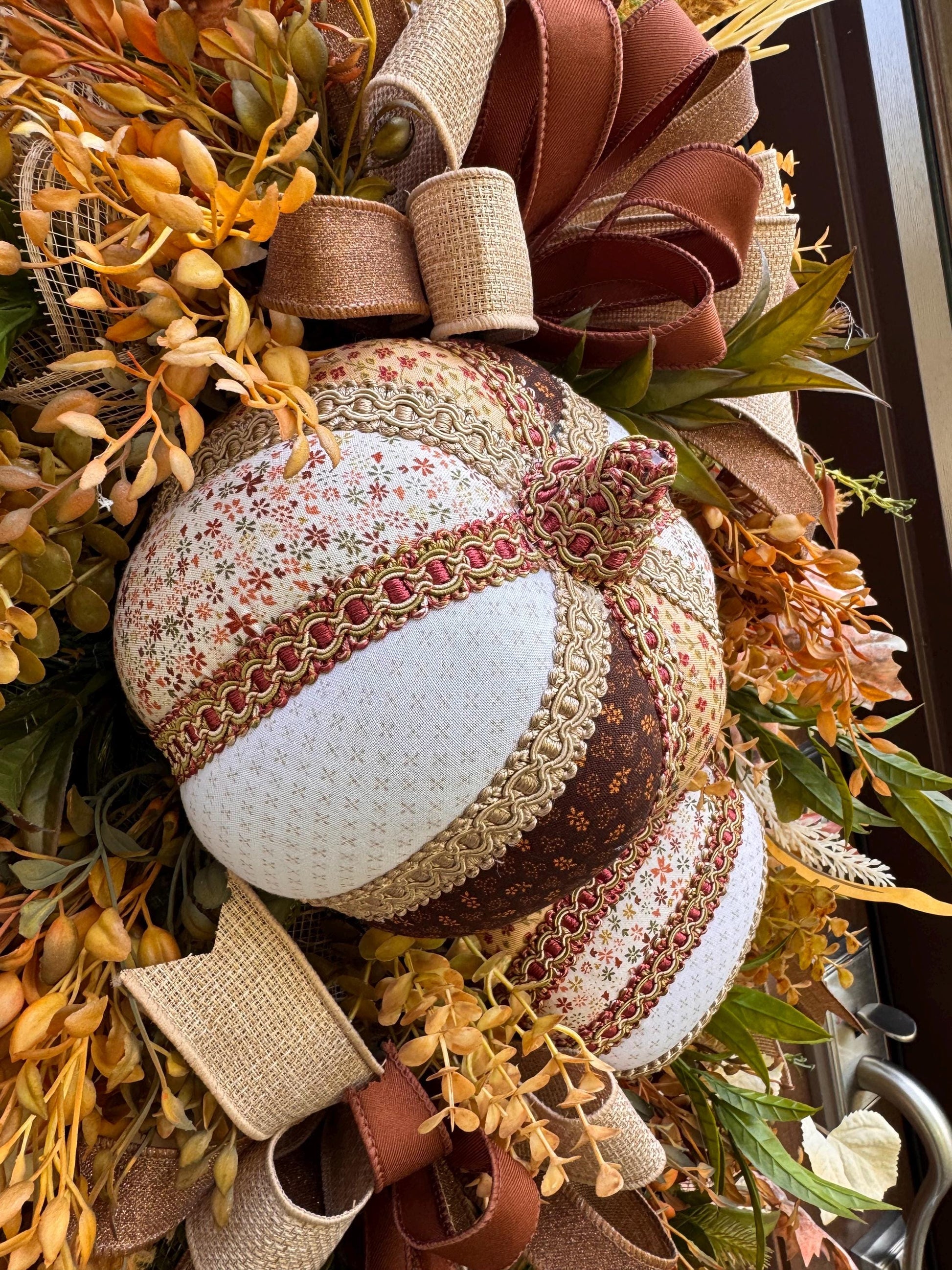 Fall Pumpkin Swag Wreath | Handmade Fabric Pumpkins | Neutral Fall Door Hanger | Autumn Front Door Decor | Rustic Farmhouse Fall Decoration