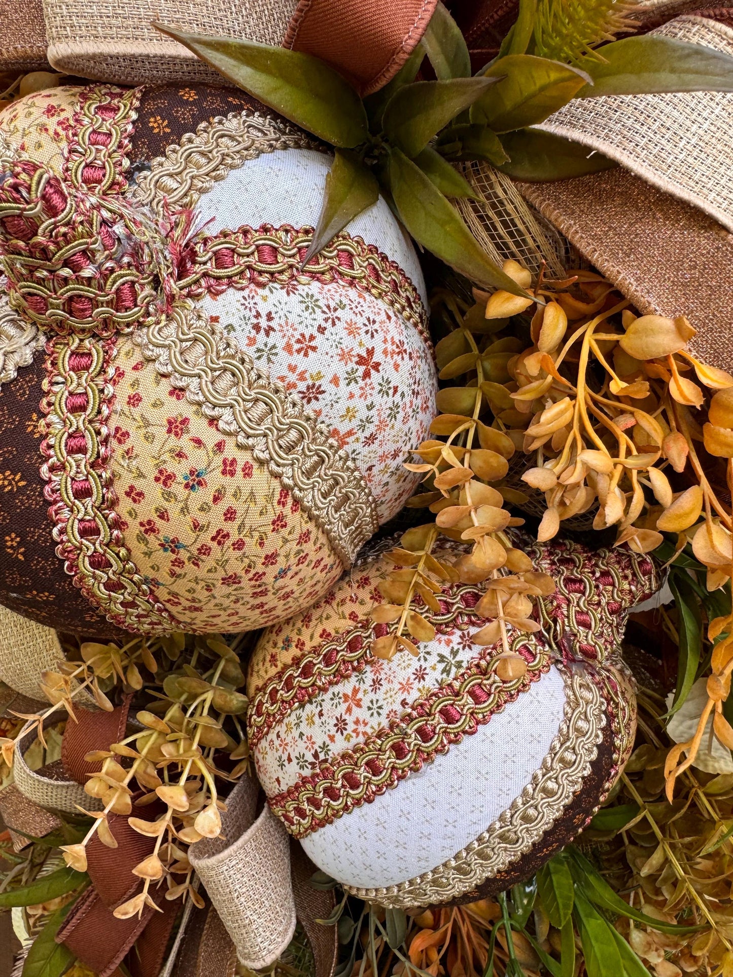 Fall Pumpkin Swag Wreath | Handmade Fabric Pumpkins | Neutral Fall Door Hanger | Autumn Front Door Decor | Rustic Farmhouse Fall Decoration