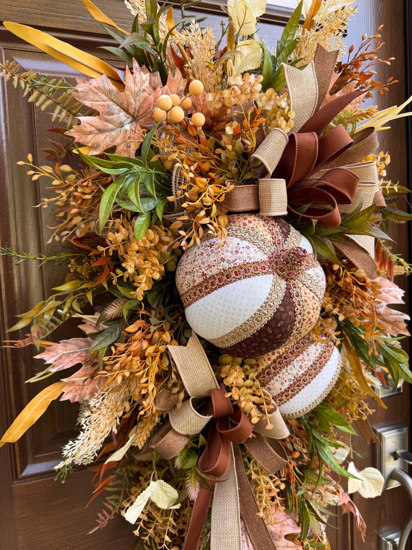 Fall Pumpkin Swag Wreath | Handmade Fabric Pumpkins | Neutral Fall Door Hanger | Autumn Front Door Decor | Rustic Farmhouse Fall Decoration