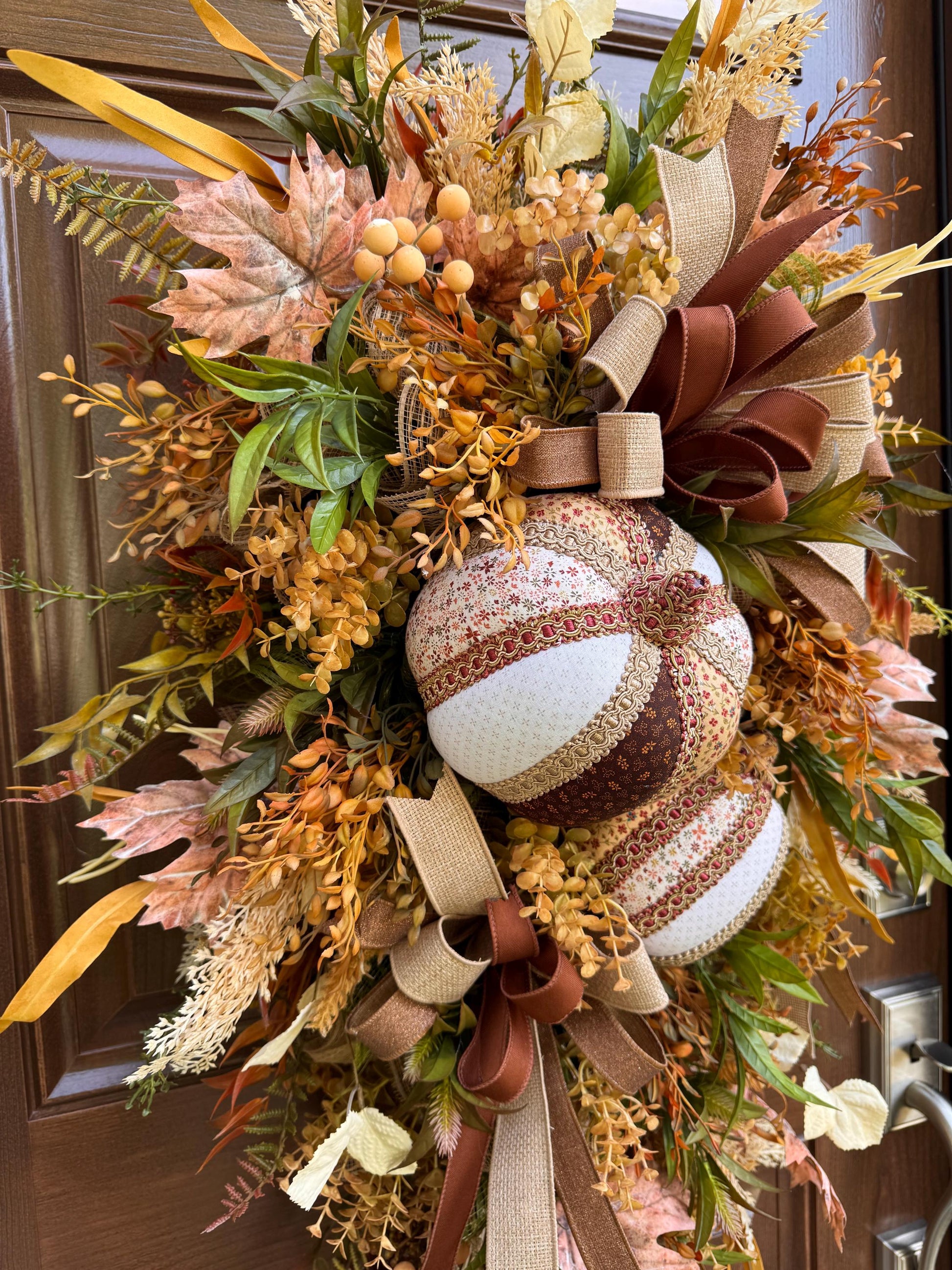 Fall Pumpkin Swag Wreath | Handmade Fabric Pumpkins | Neutral Fall Door Hanger | Autumn Front Door Decor | Rustic Farmhouse Fall Decoration