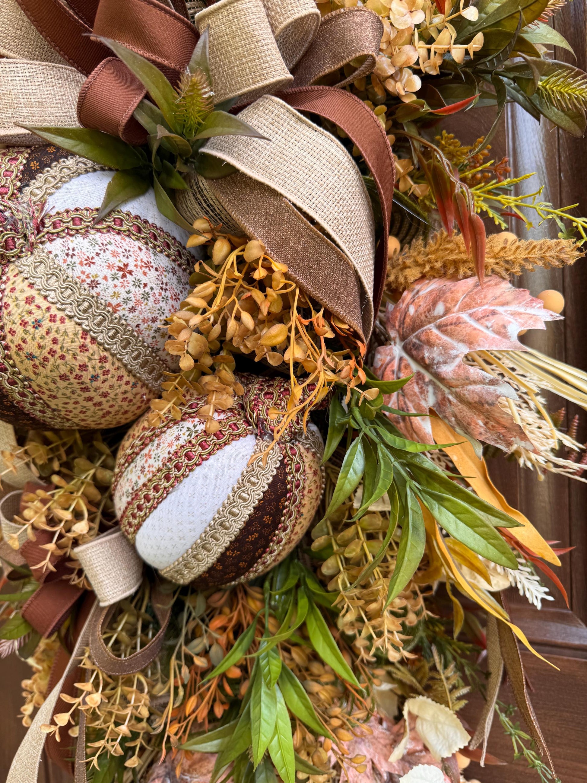 Fall Pumpkin Swag Wreath | Handmade Fabric Pumpkins | Neutral Fall Door Hanger | Autumn Front Door Decor | Rustic Farmhouse Fall Decoration