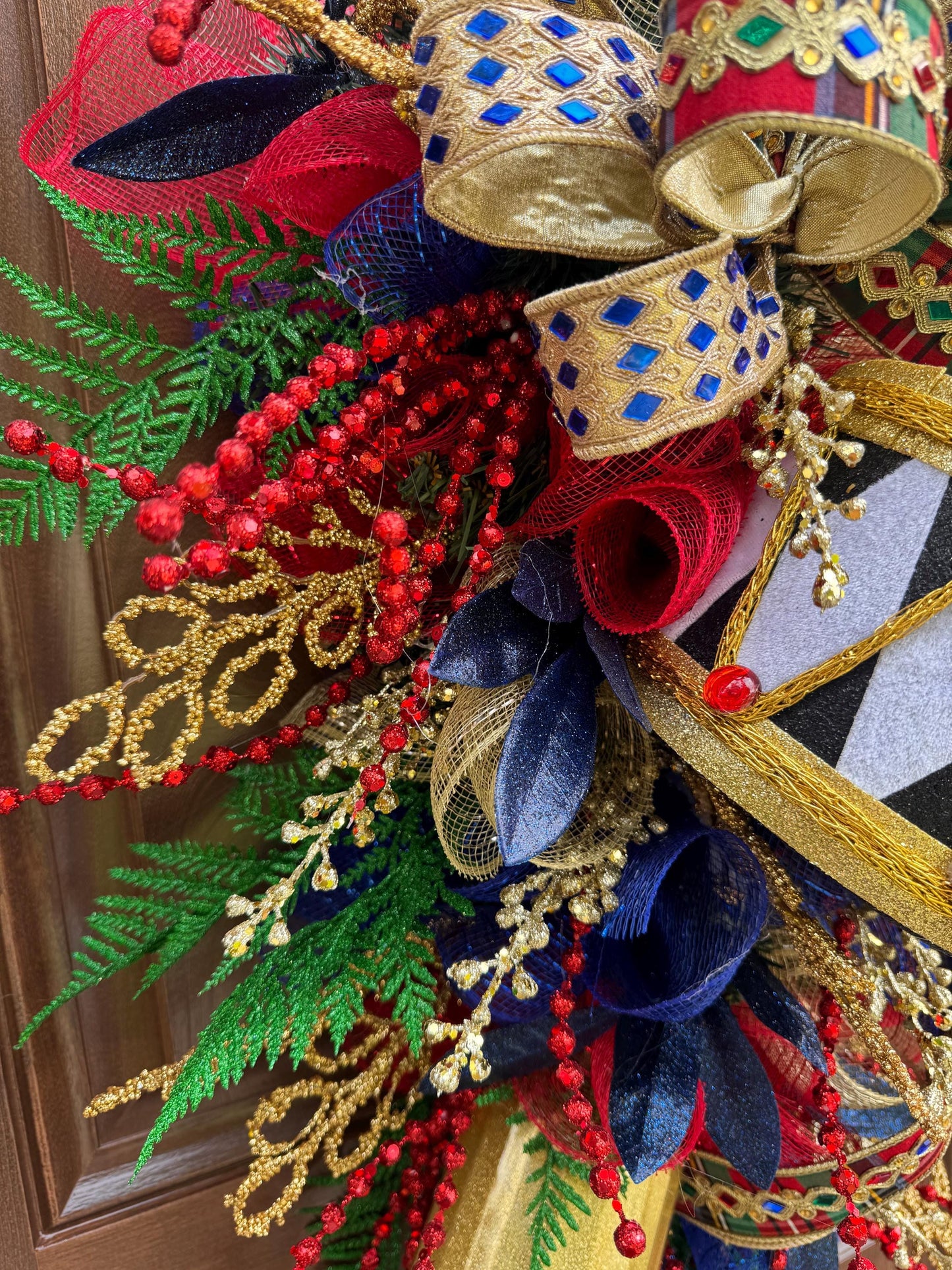 Nutcracker Drum Wreath for Front Door, Glam Holiday Home Decor for Porch or Indoor Office Wall Hanging, Elegant Christmas Party Accent