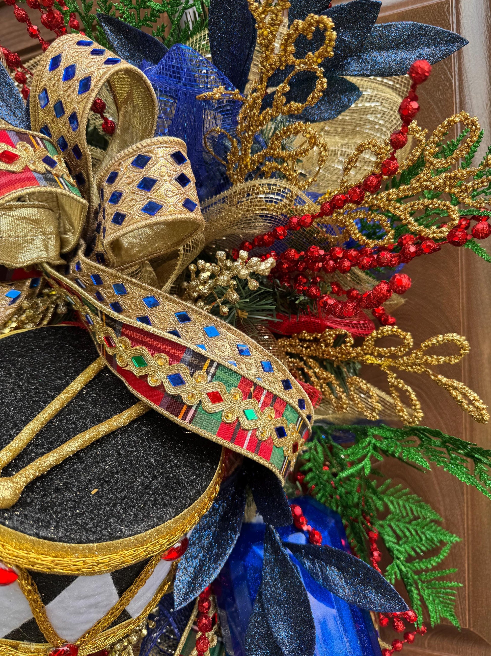 Nutcracker Drum Wreath for Front Door, Glam Holiday Home Decor for Porch or Indoor Office Wall Hanging, Elegant Christmas Party Accent
